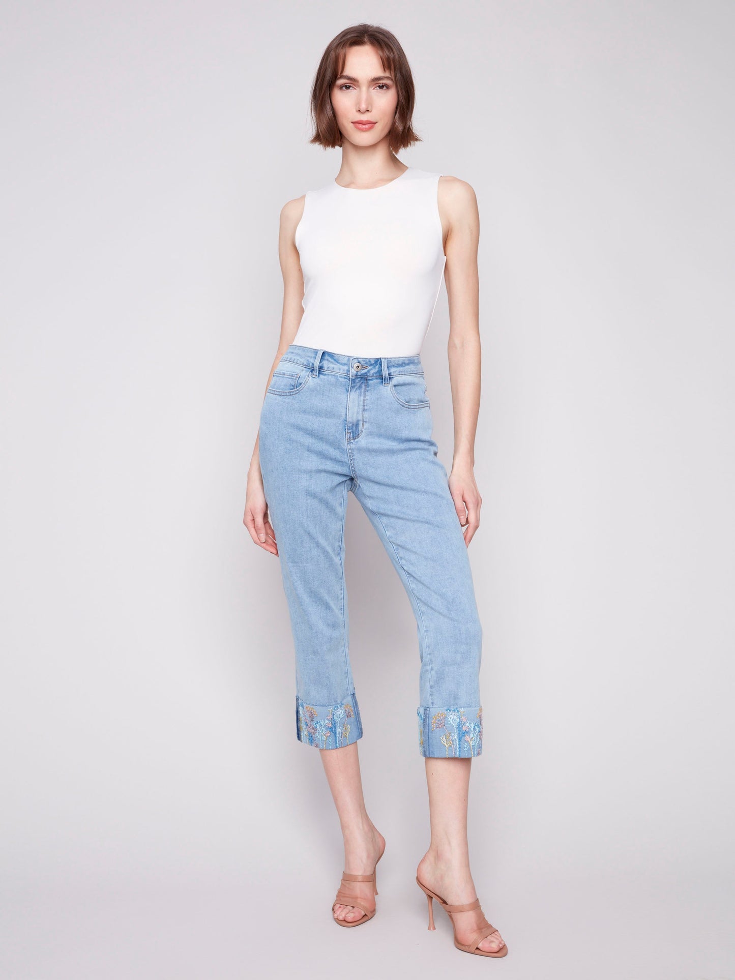 Cropped Jeans with Embroidered Cuff - Light Blue