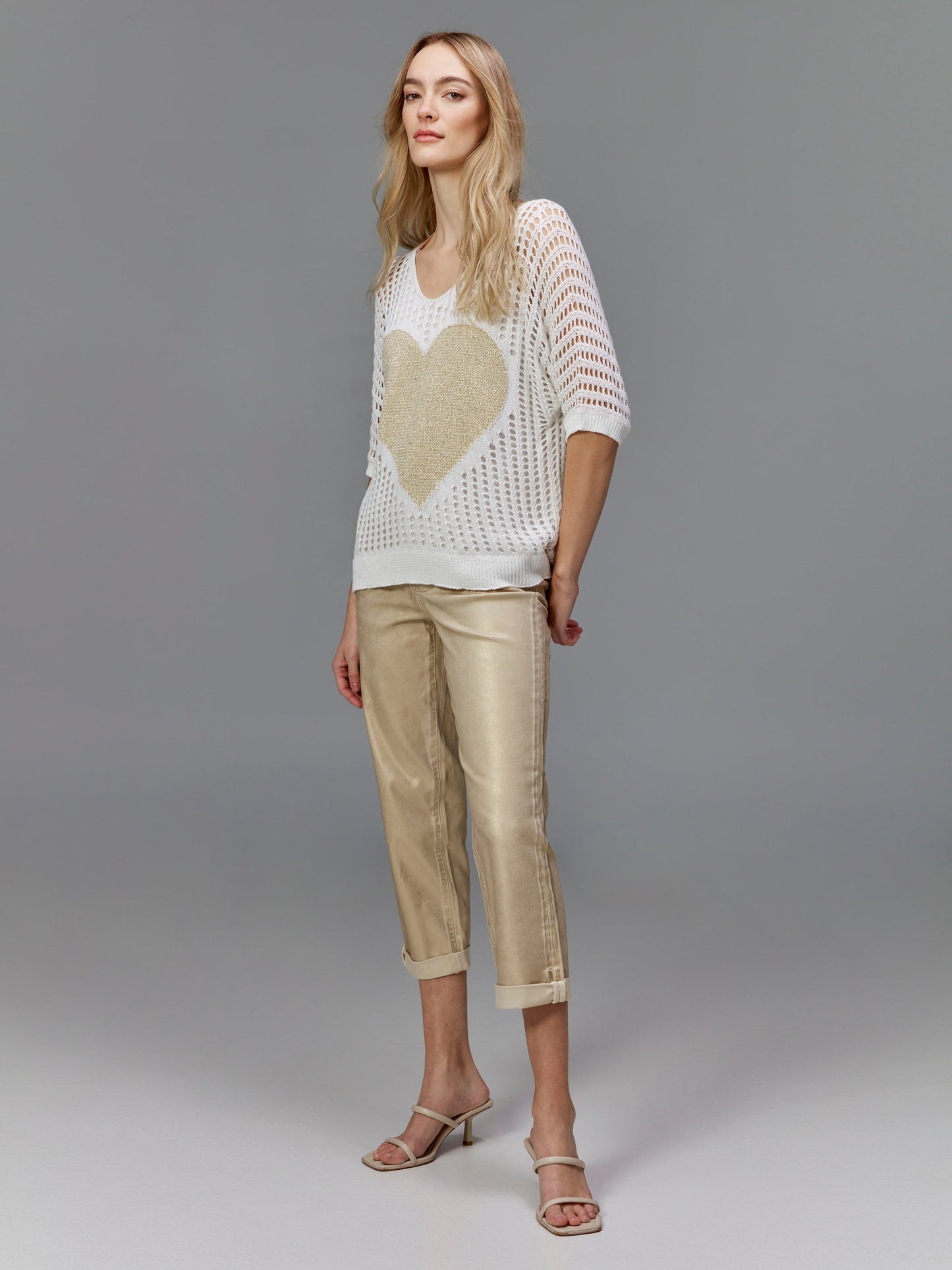 Foiled Straight Leg Pants with Cuffed Hem - Natural