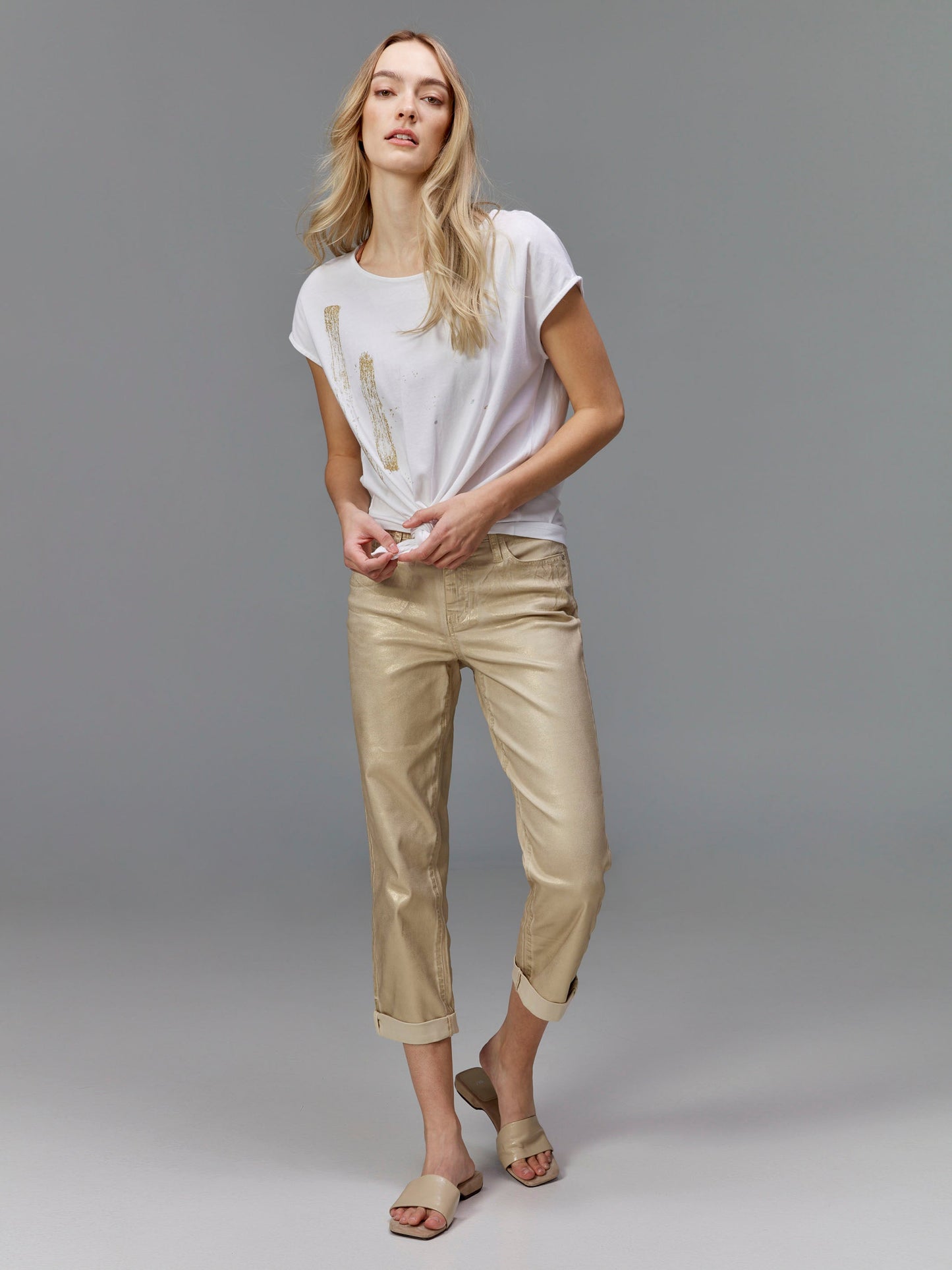 Foiled Straight Leg Pants with Cuffed Hem - Natural