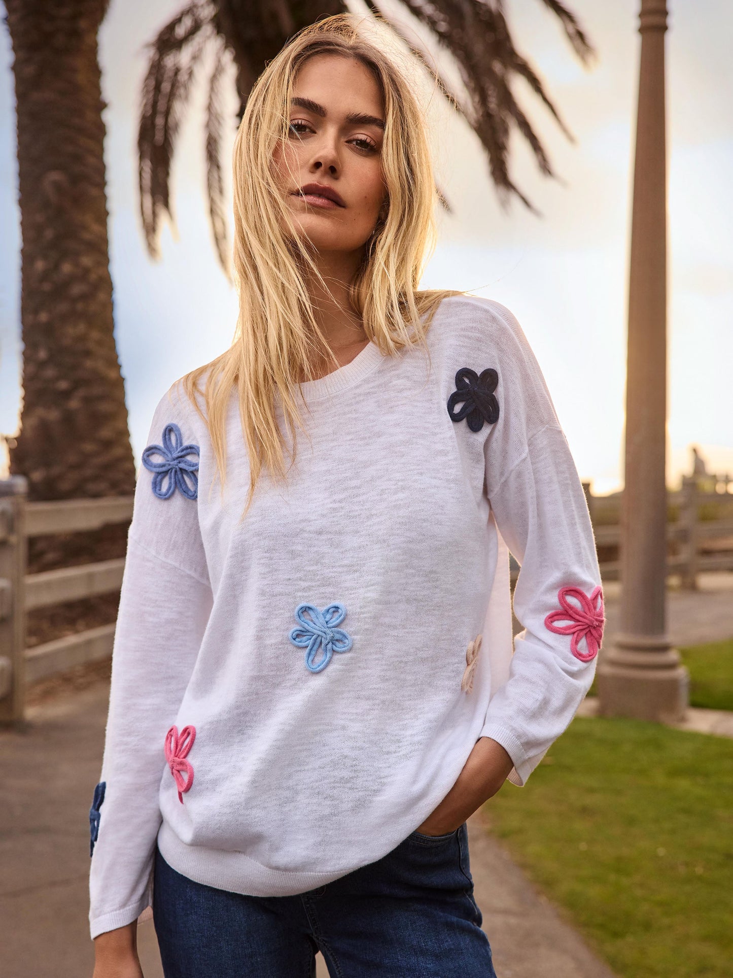 Cotton Sweater with Flower Patches - White