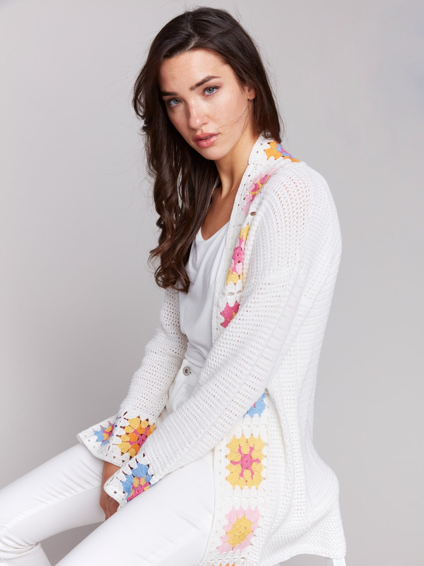 Cotton Crochet Border Cardigan - Natural