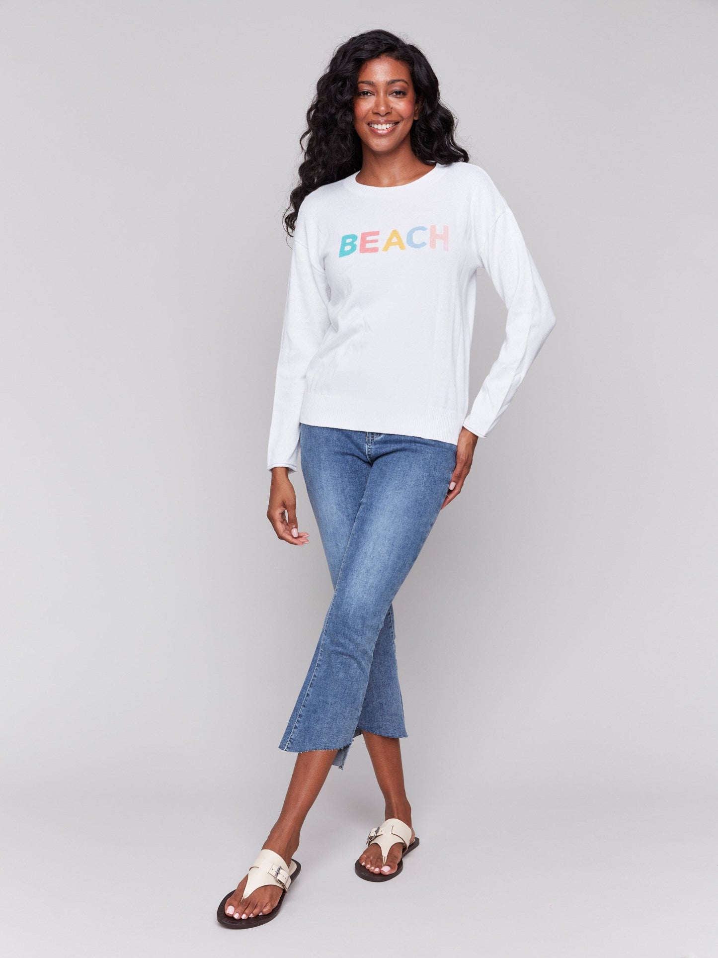 Cotton Knit Sweater with Beach Print - White