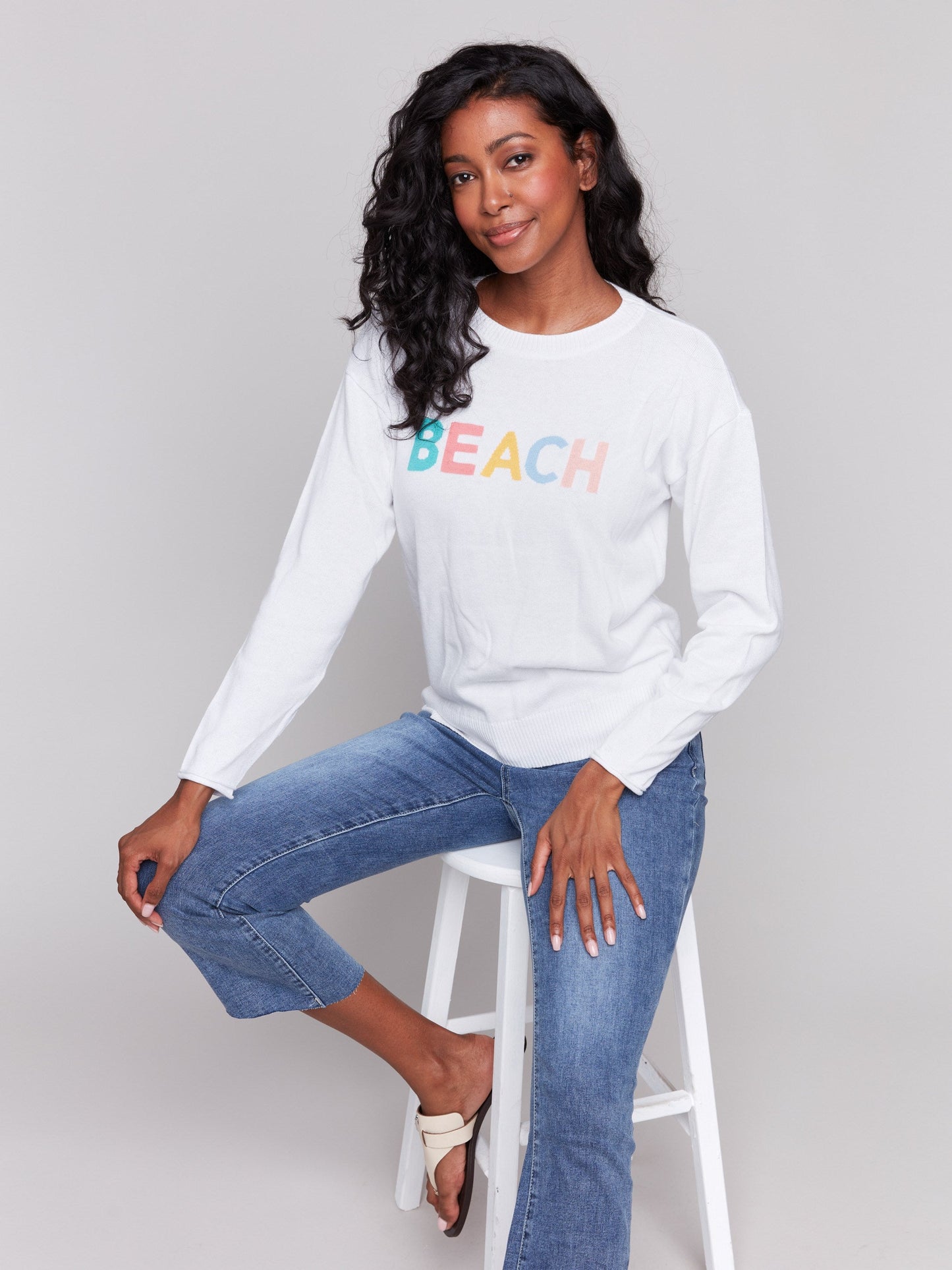 Cotton Knit Sweater with Beach Print - White