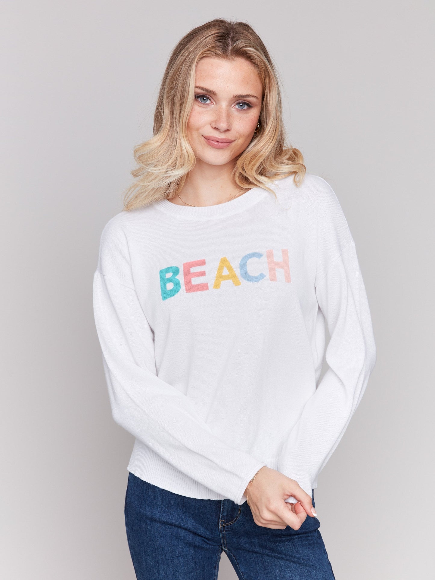 Cotton Knit Sweater with Beach Print - White