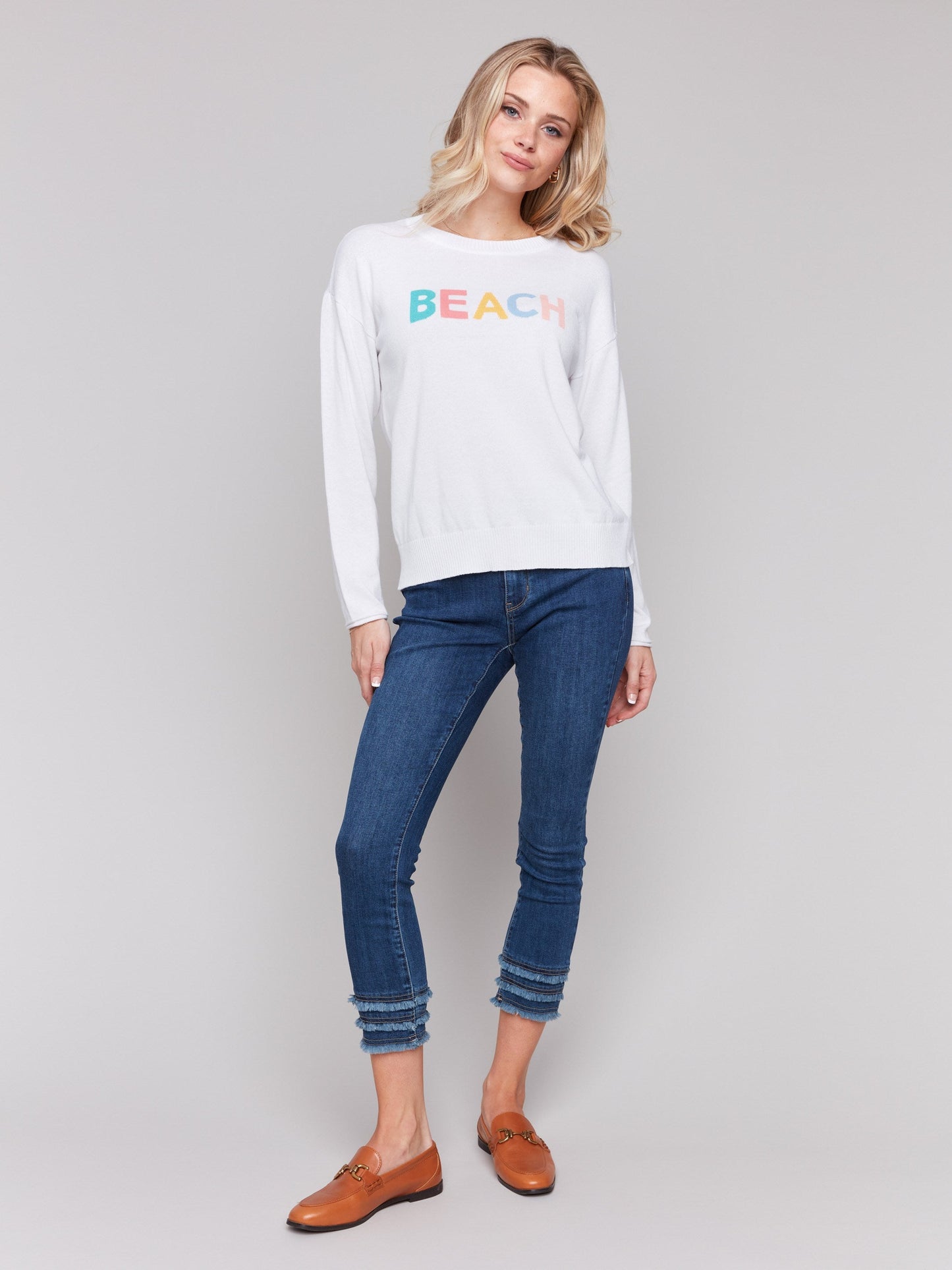 Cotton Knit Sweater with Beach Print - White