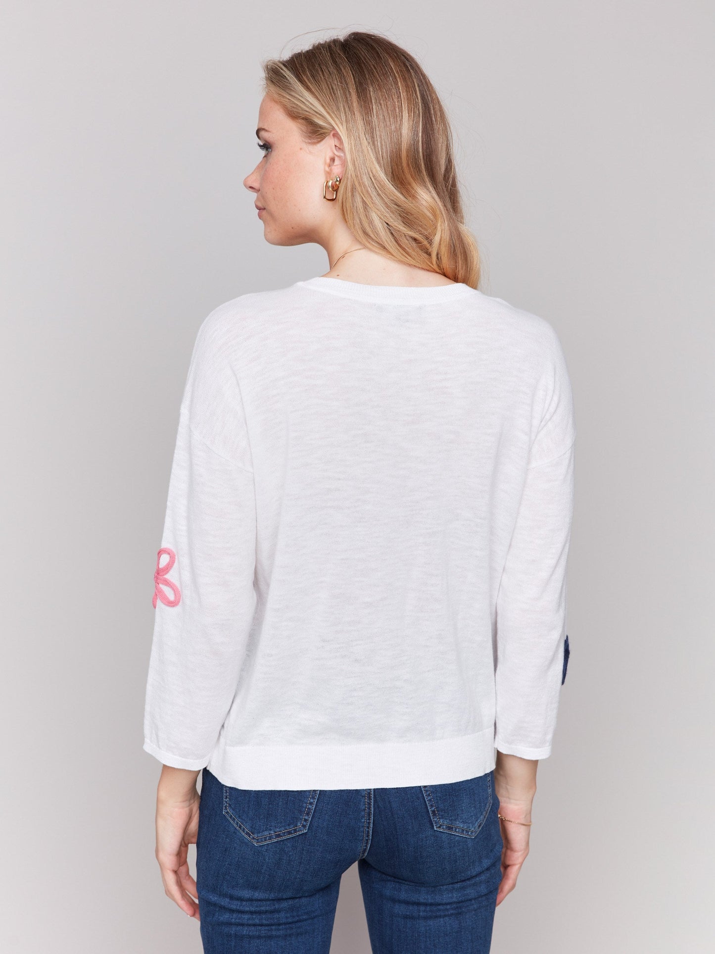 Cotton Sweater with Flower Patches - White
