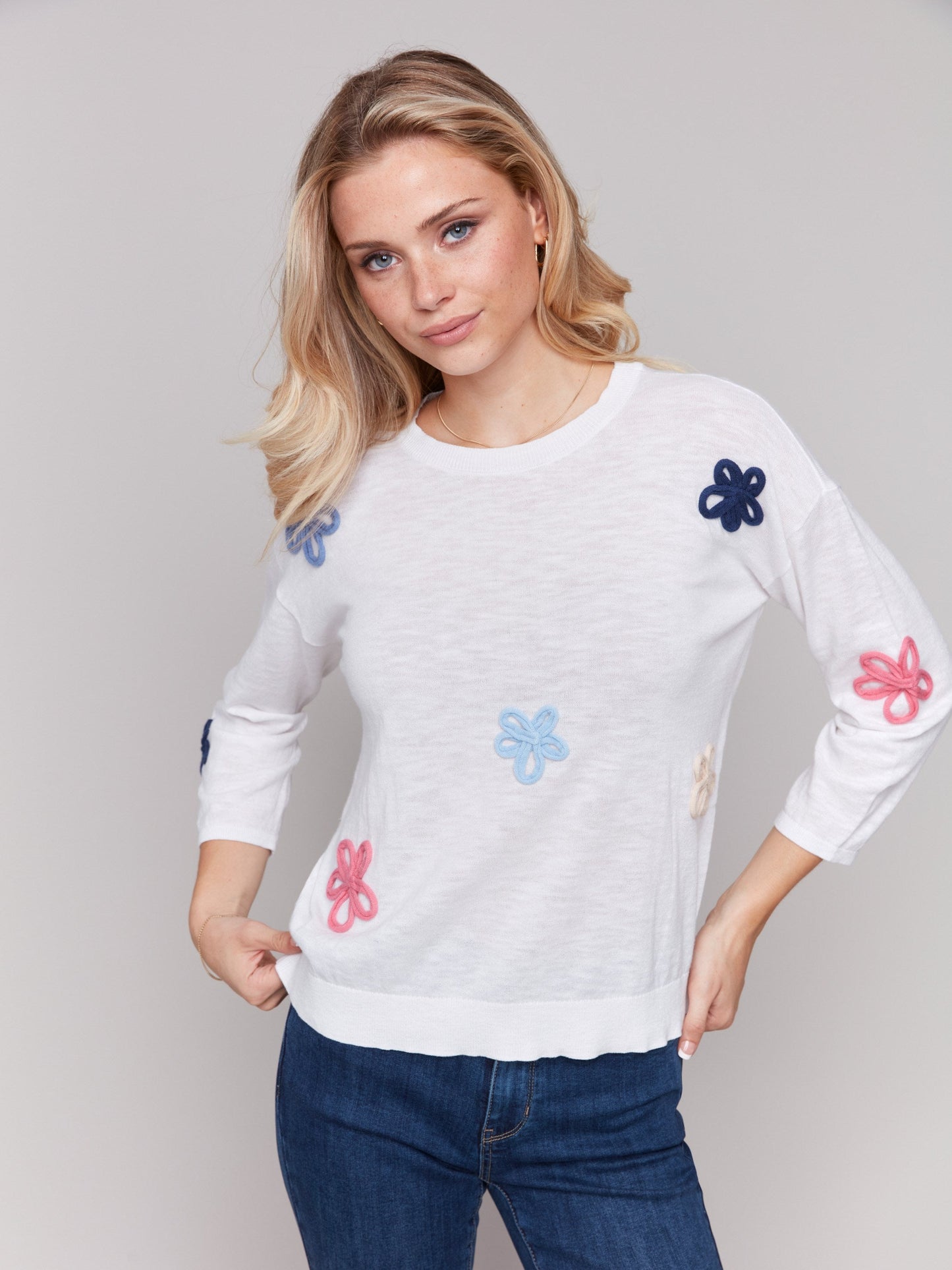 Cotton Sweater with Flower Patches - White