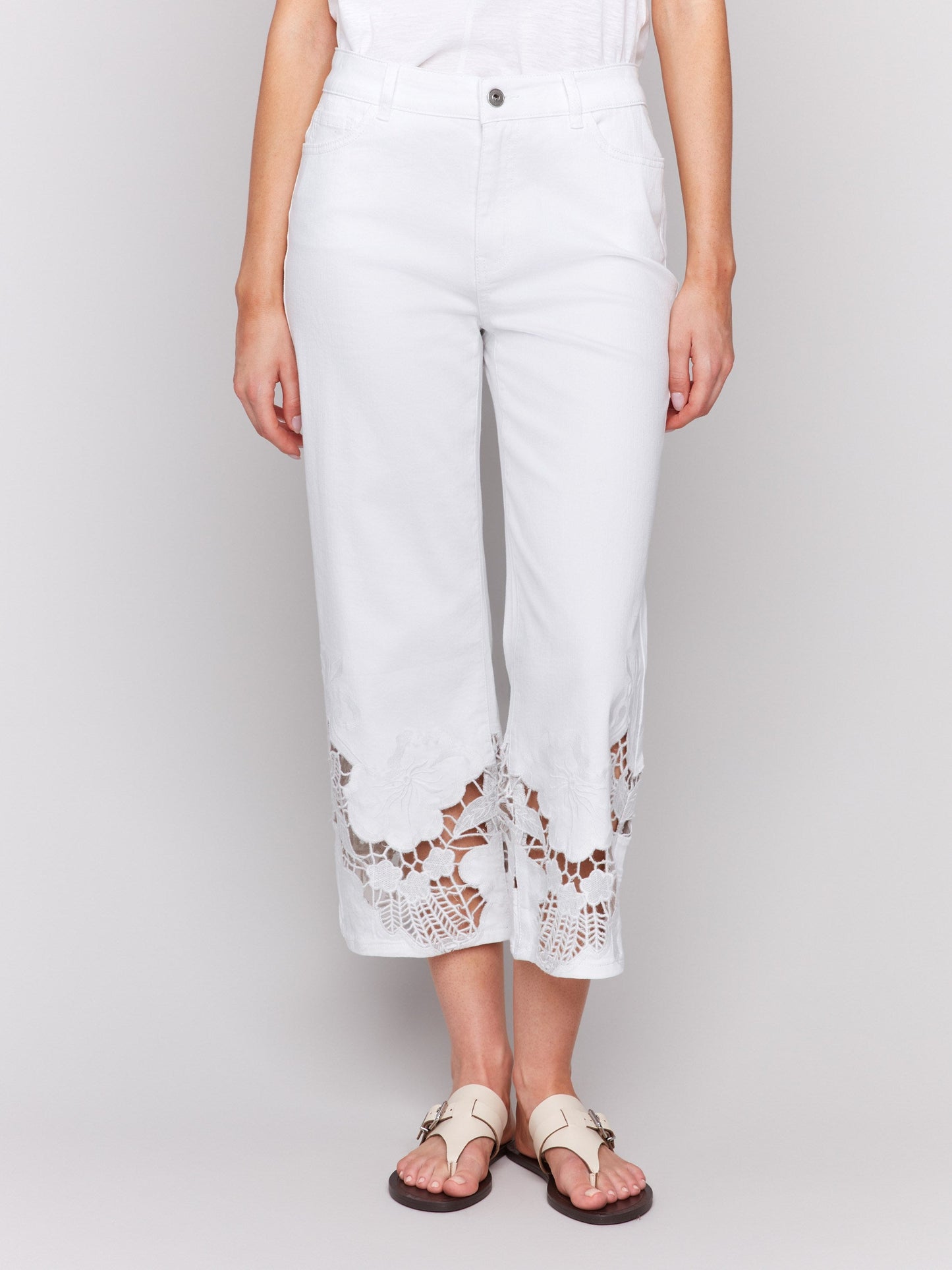 Cropped Flare Leg Jeans with Lace Hem - White