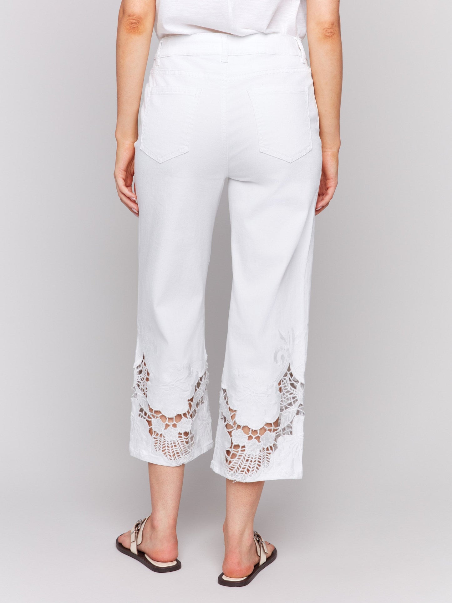 Cropped Flare Leg Jeans with Lace Hem - White