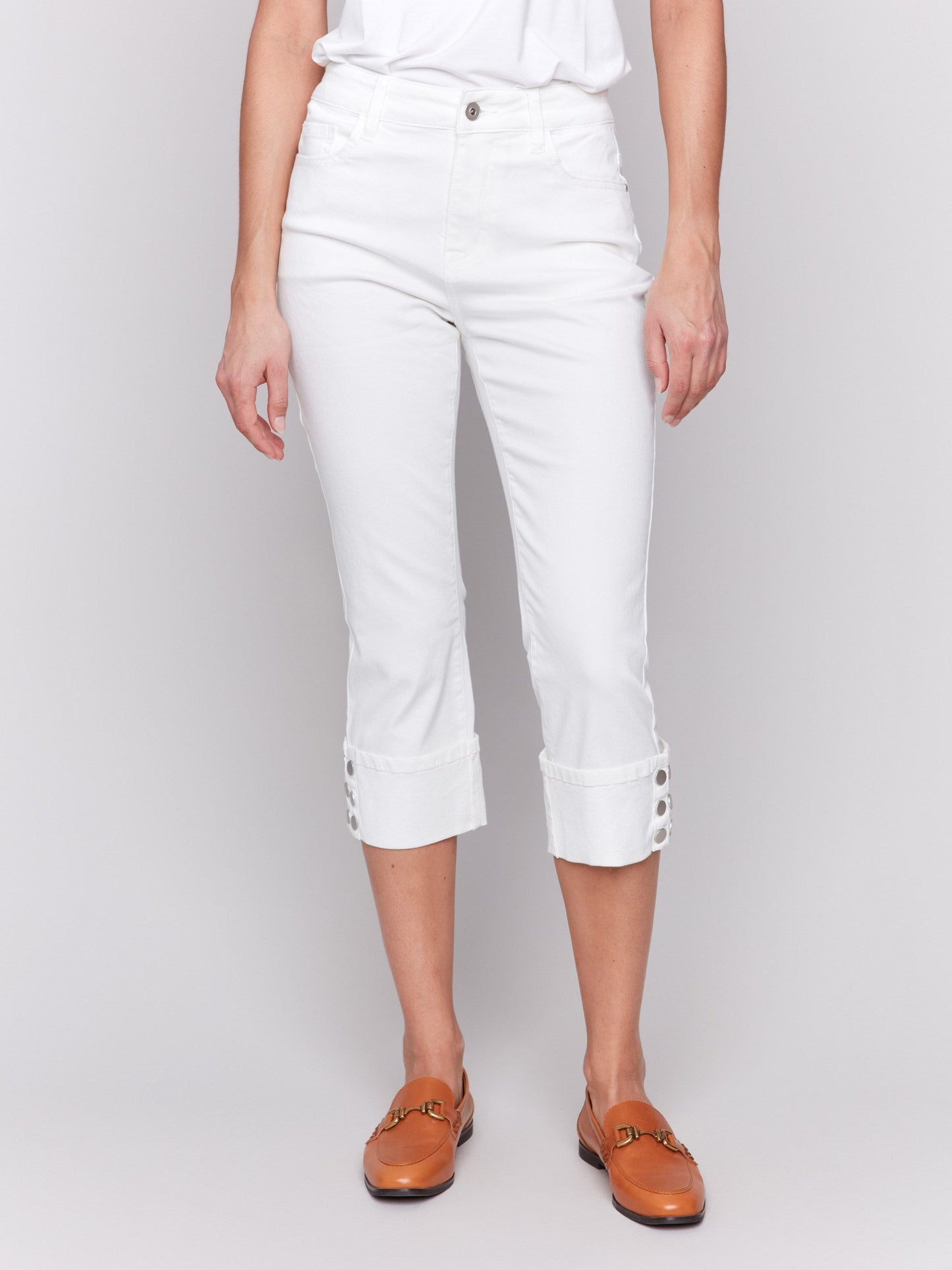 Cropped Twill Jeans with Snap Button Cuff Detail - White