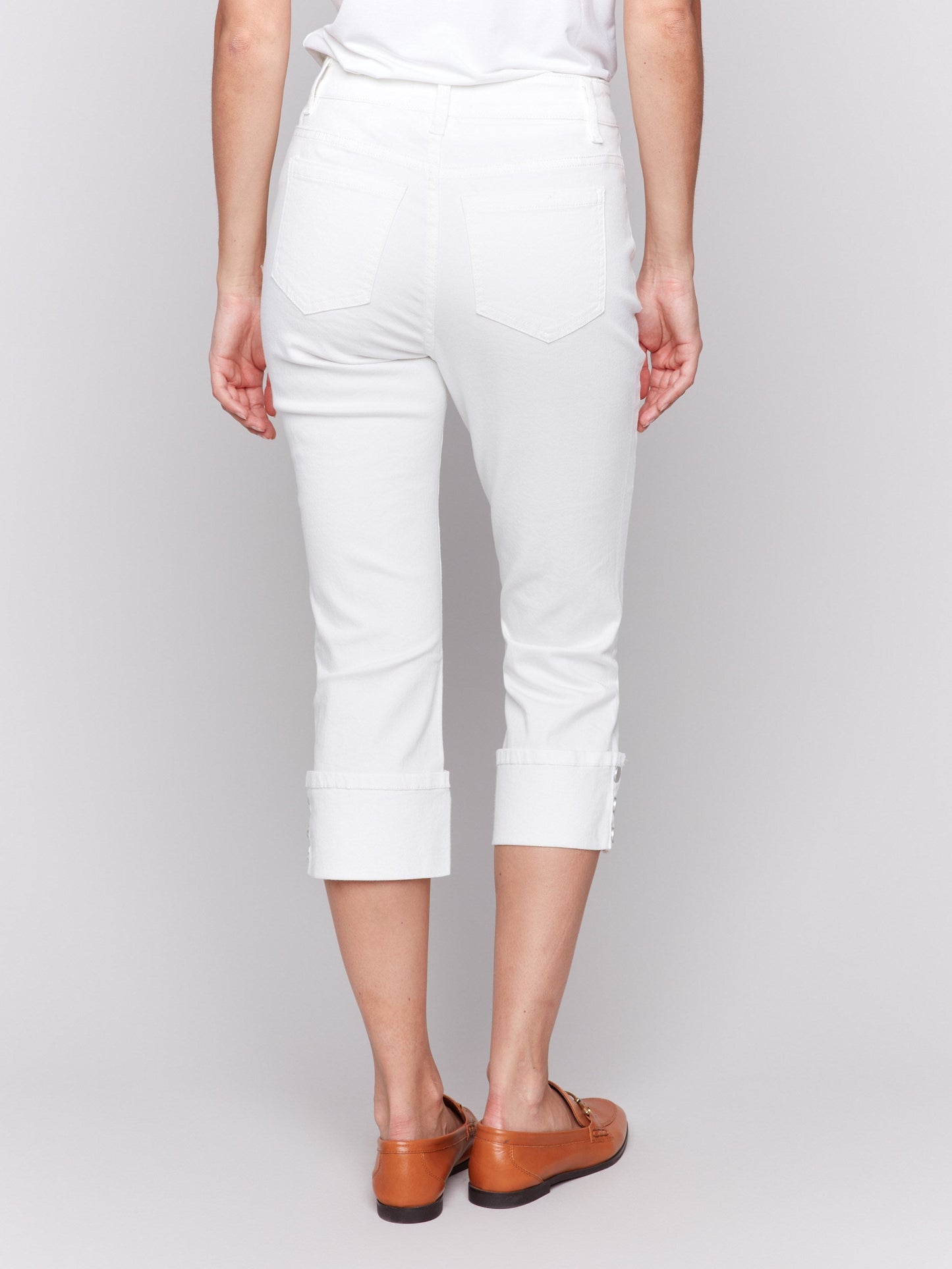 Cropped Twill Jeans with Snap Button Cuff Detail - White