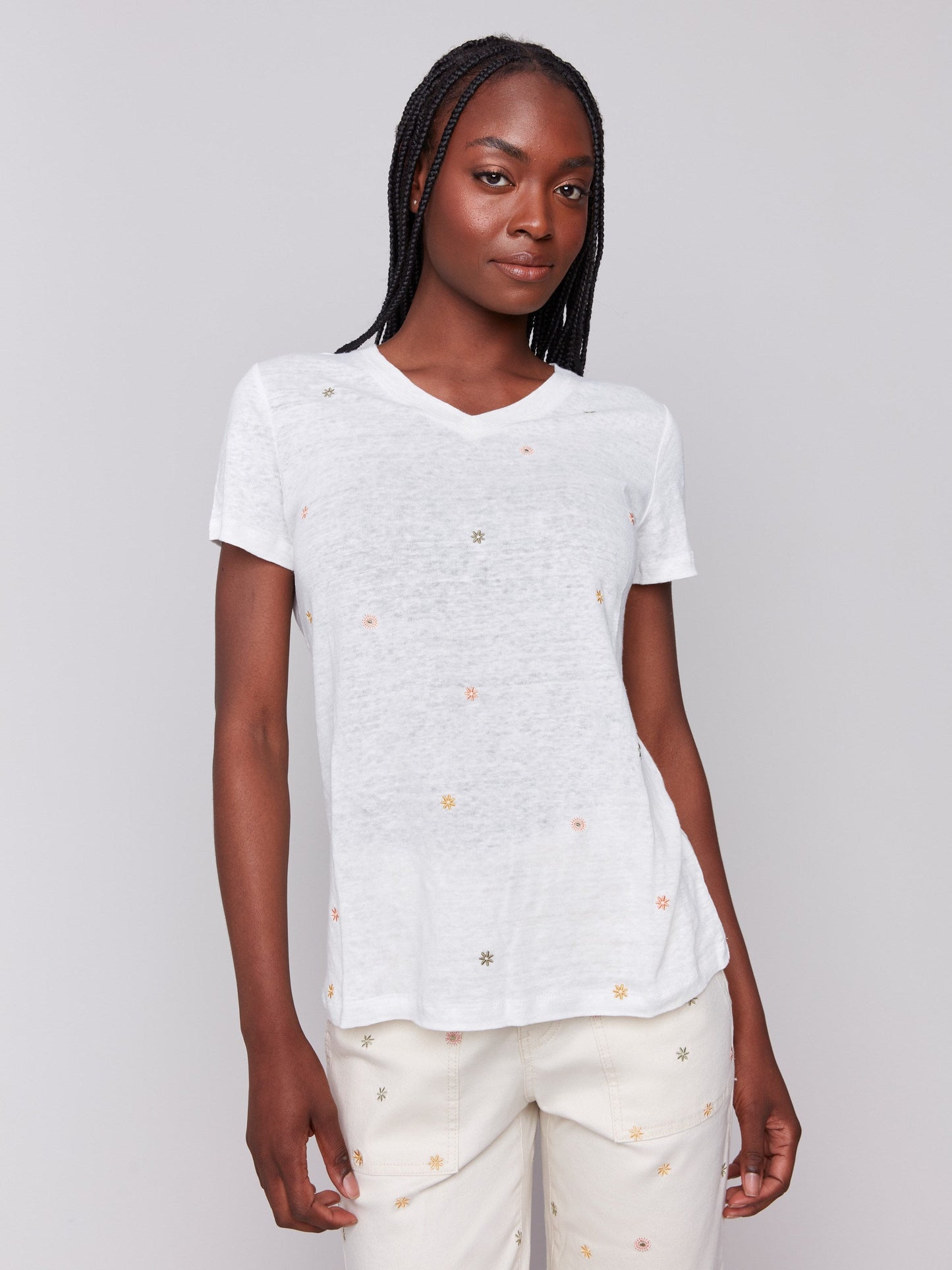 Embroidered Cotton V-Neck T-Shirt - Floral
