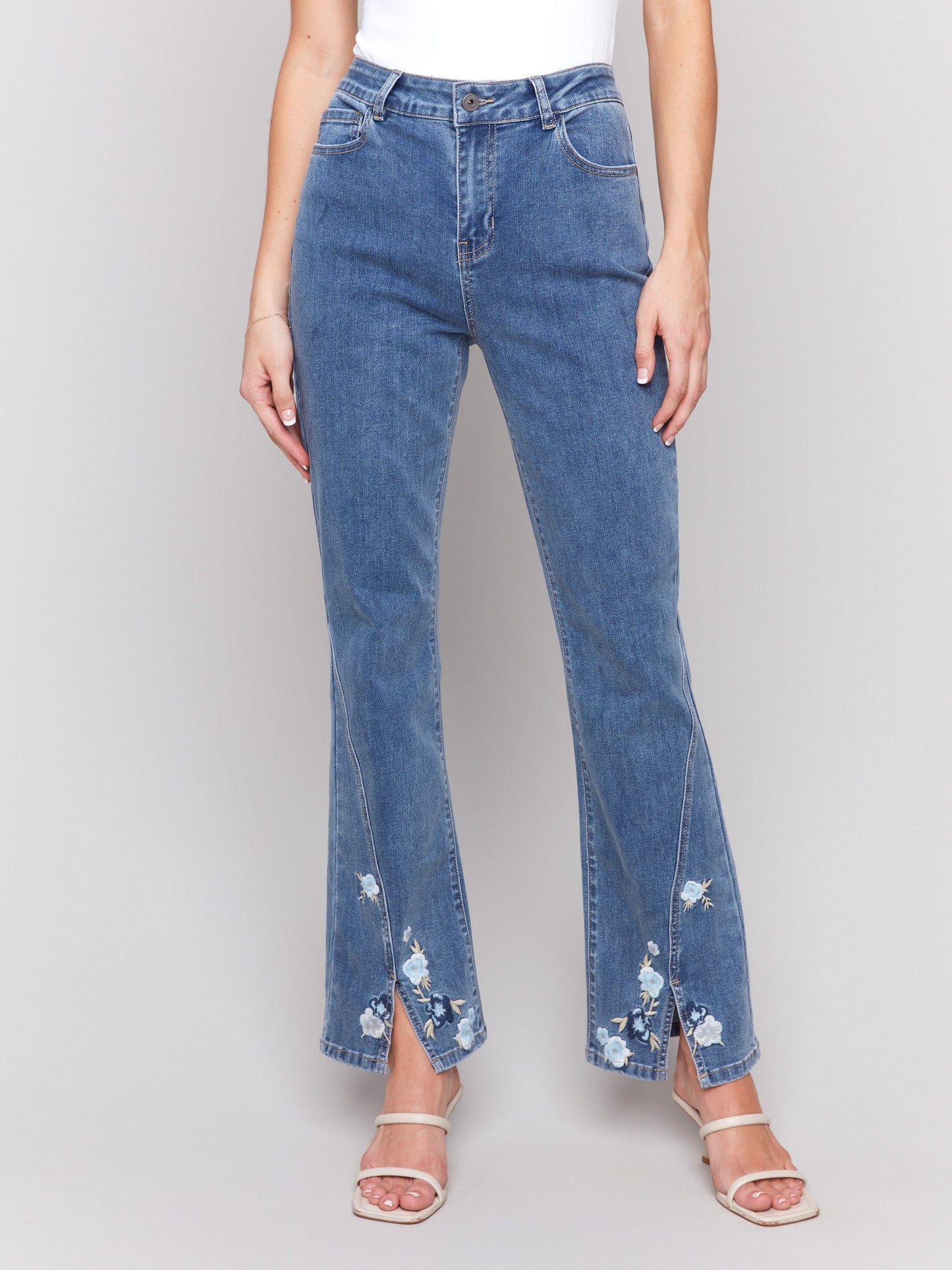 Floral Embroidered Bootcut Jeans - Medium Blue