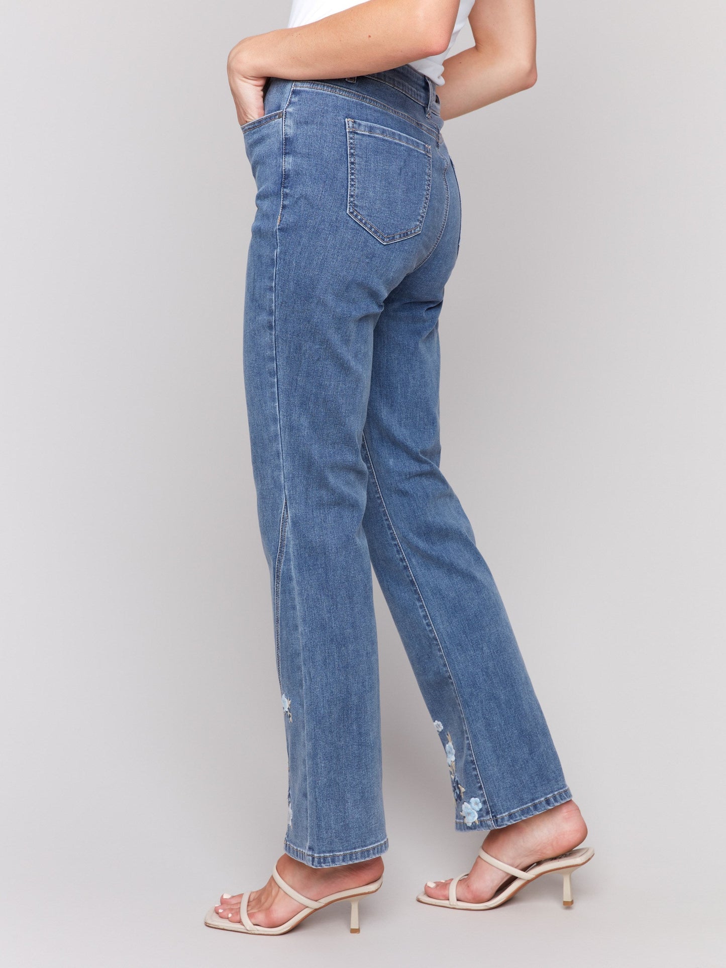 Floral Embroidered Bootcut Jeans - Medium Blue