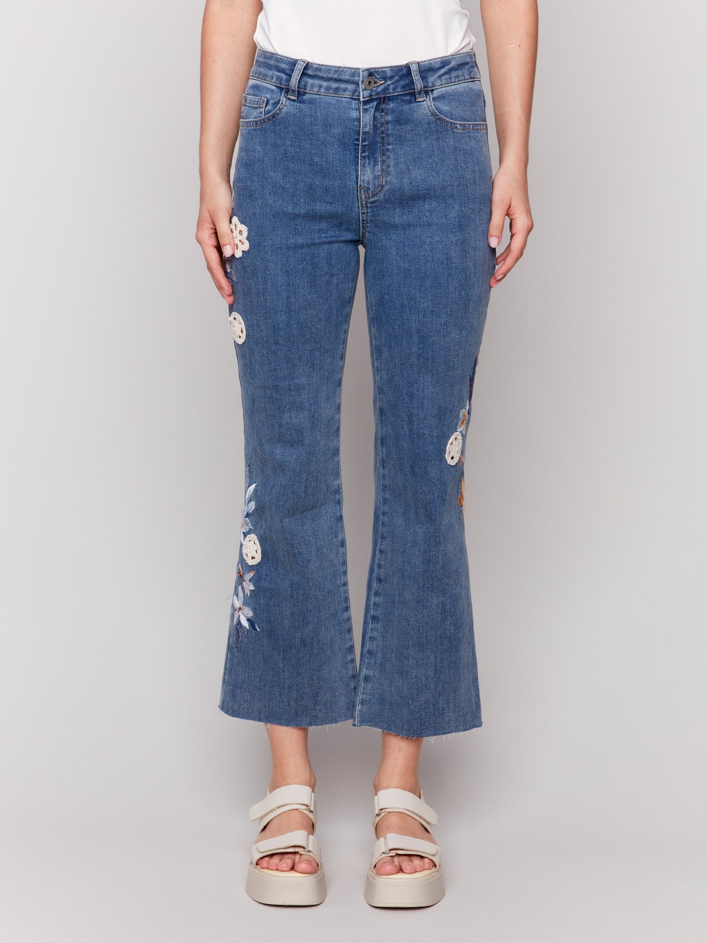 Floral Embroidered Crochet Jeans - Medium Blue