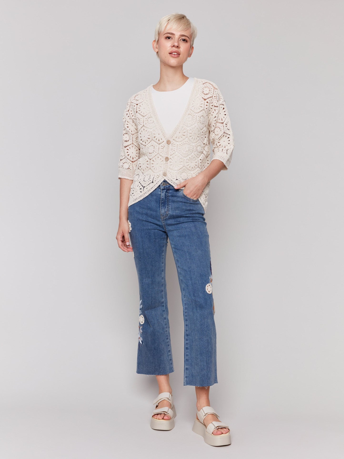 Floral Embroidered Crochet Jeans - Medium Blue
