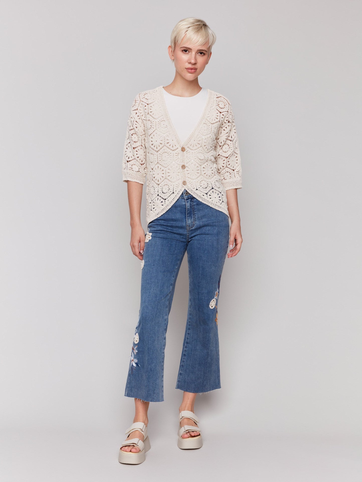 Floral Embroidered Crochet Jeans - Medium Blue