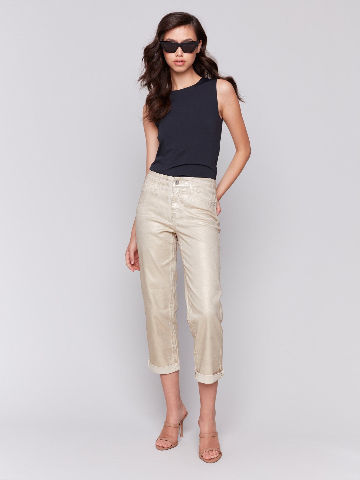 Foiled Straight Leg Pants with Cuffed Hem - Natural