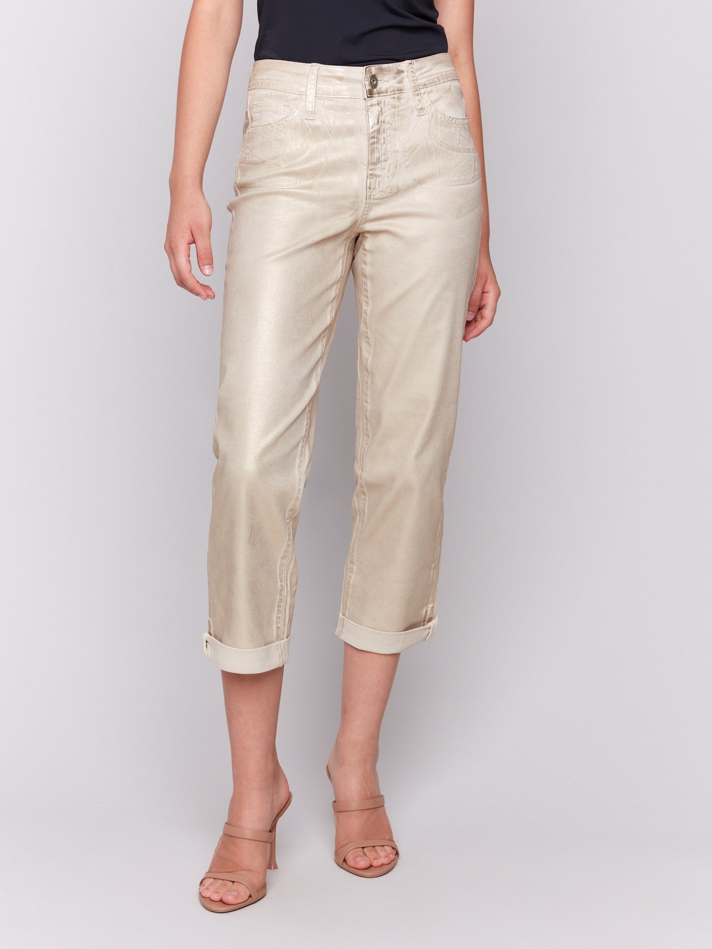 Foiled Straight Leg Pants with Cuffed Hem - Natural