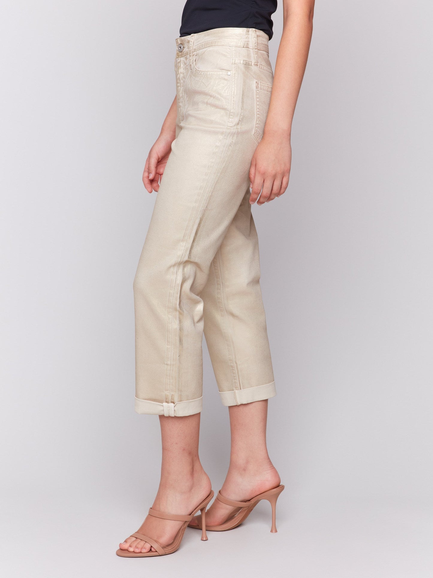 Foiled Straight Leg Pants with Cuffed Hem - Natural