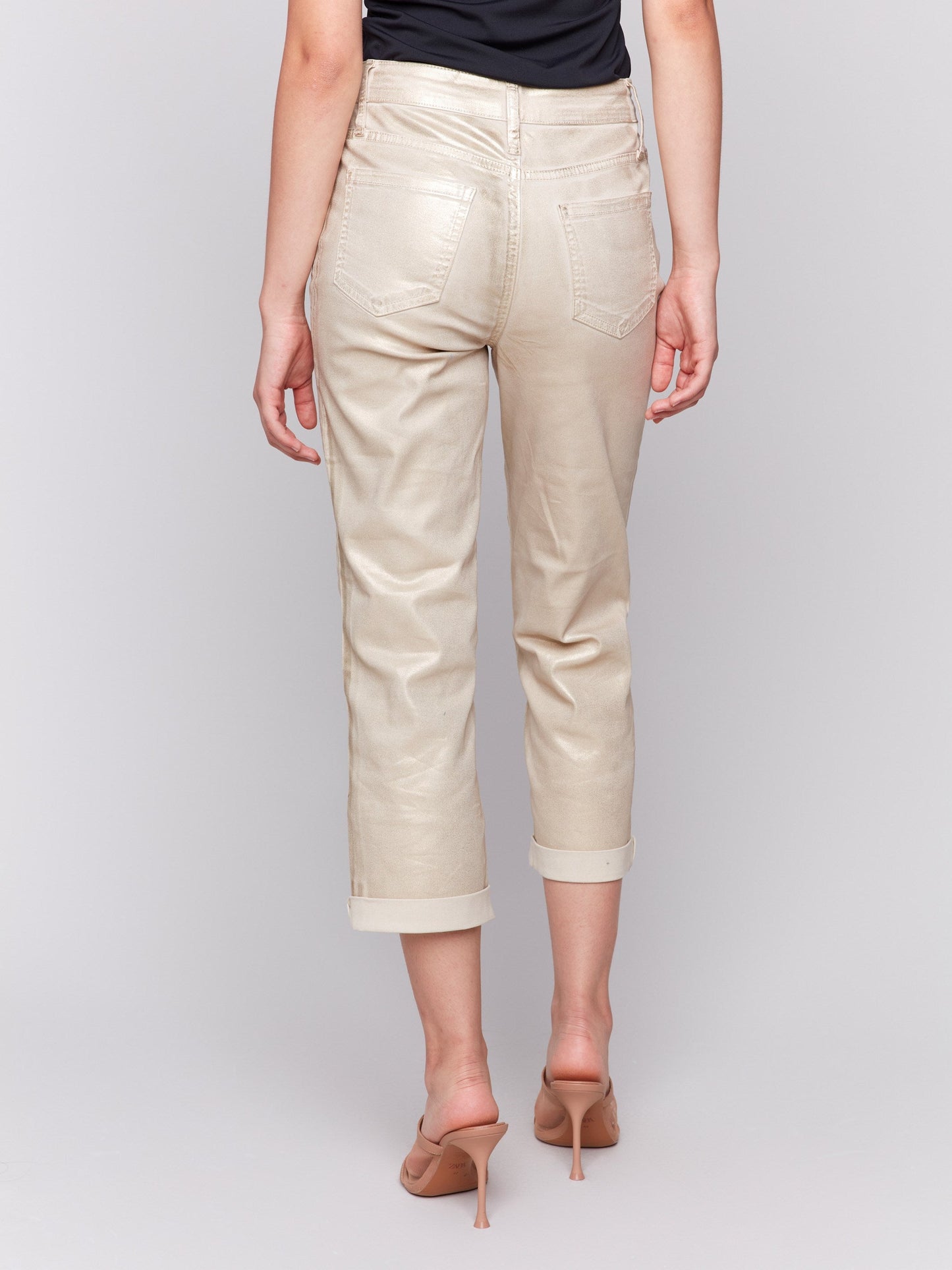 Foiled Straight Leg Pants with Cuffed Hem - Natural