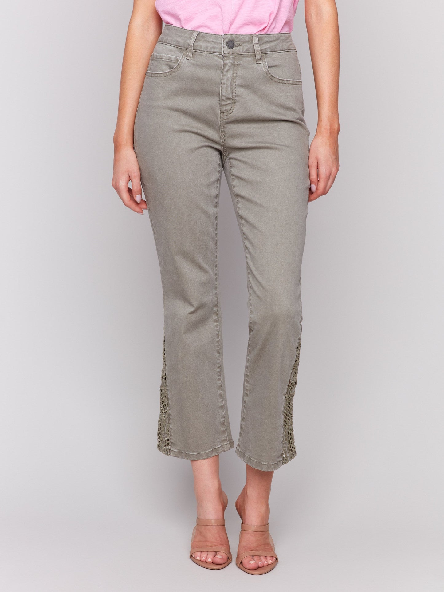 Lace Cut Side Bootcut Twill Pants - Celadon