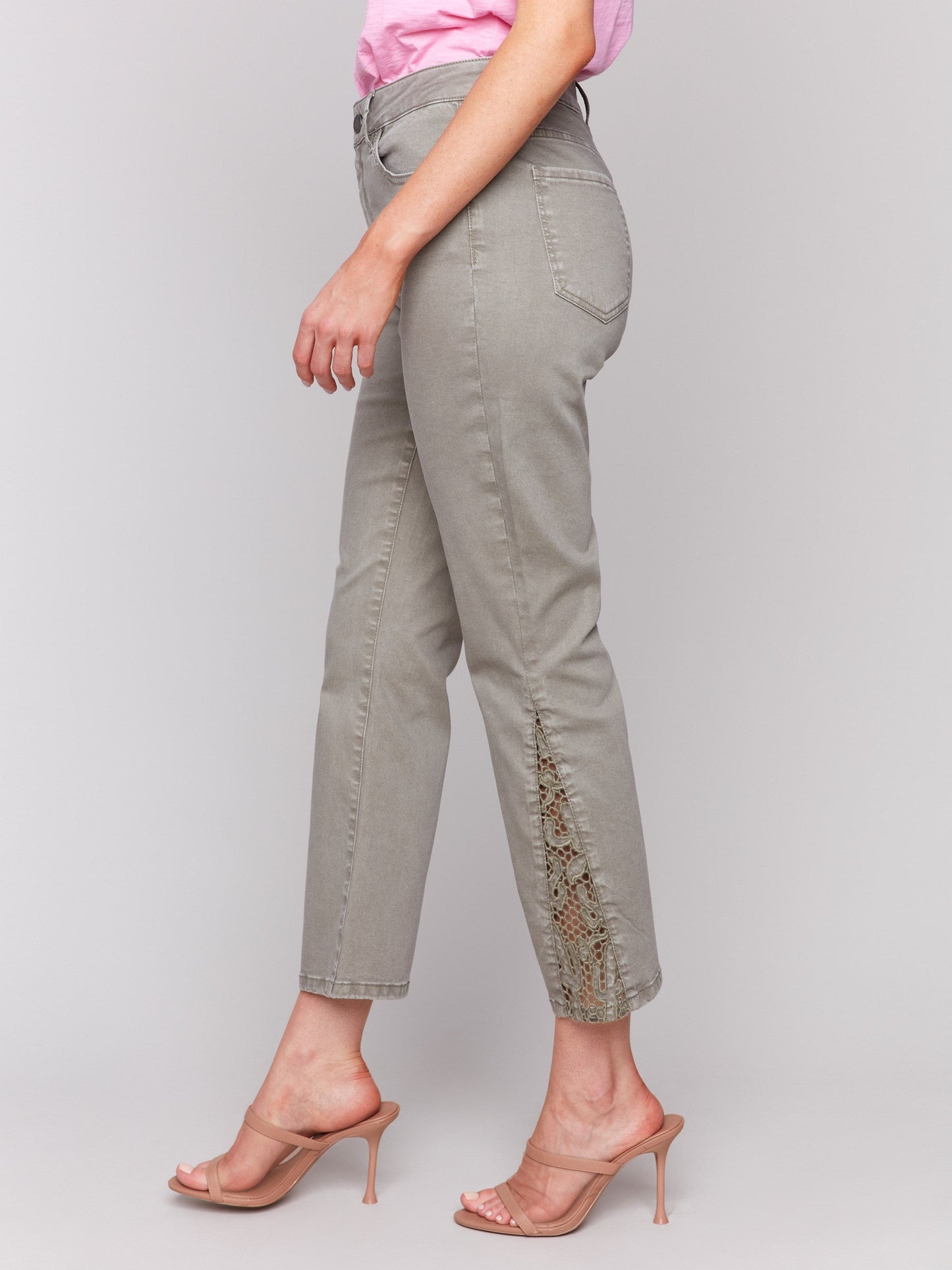 Lace Cut Side Bootcut Twill Pants - Celadon