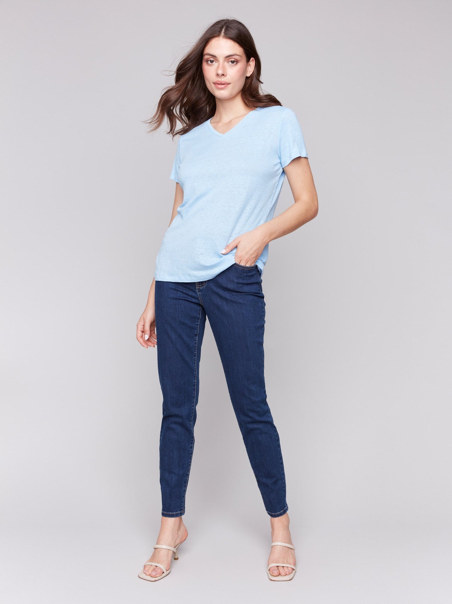 Linen Blend V-Neck T-Shirt - Bluebell