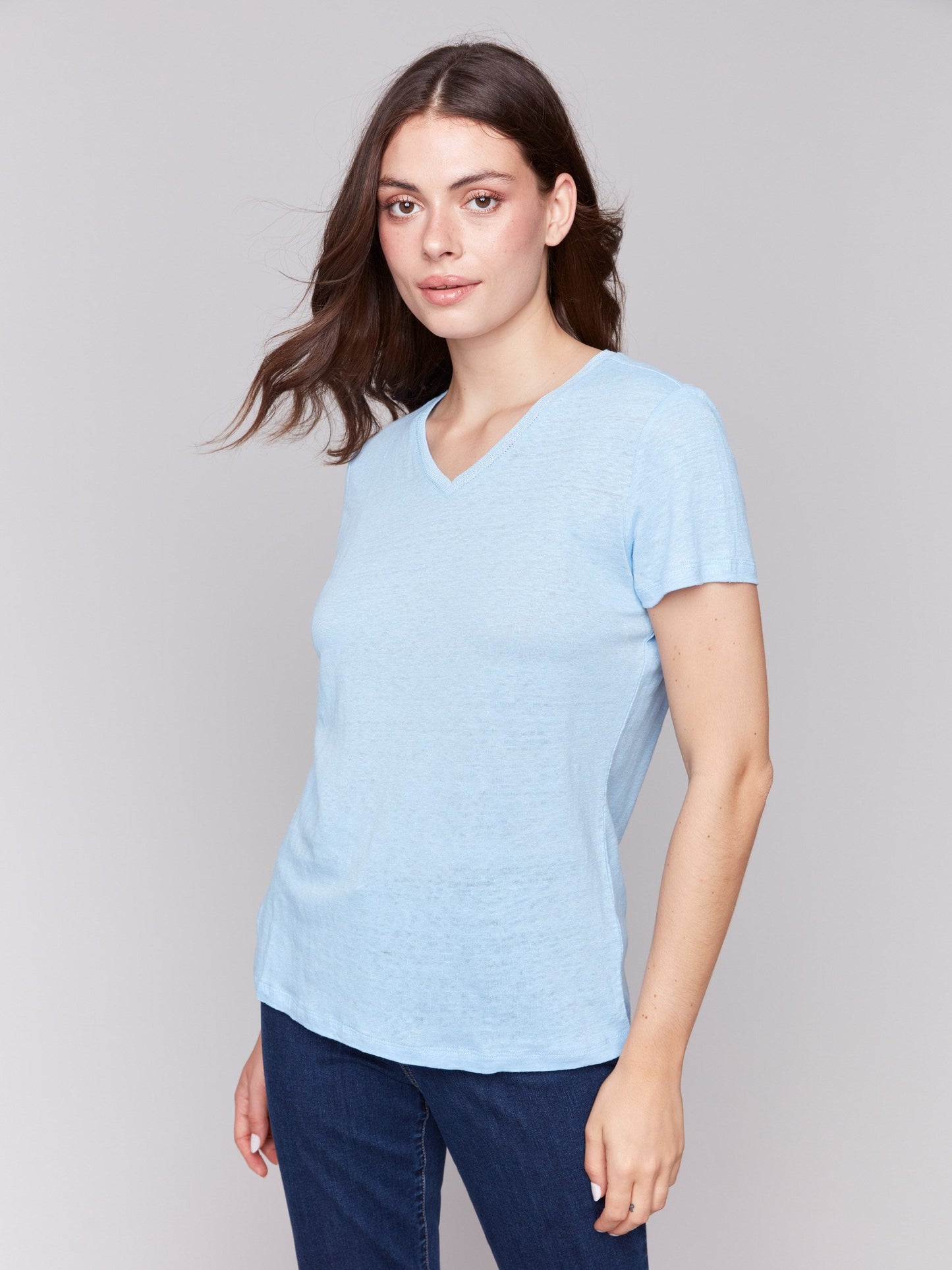 Linen Blend V-Neck T-Shirt - Bluebell
