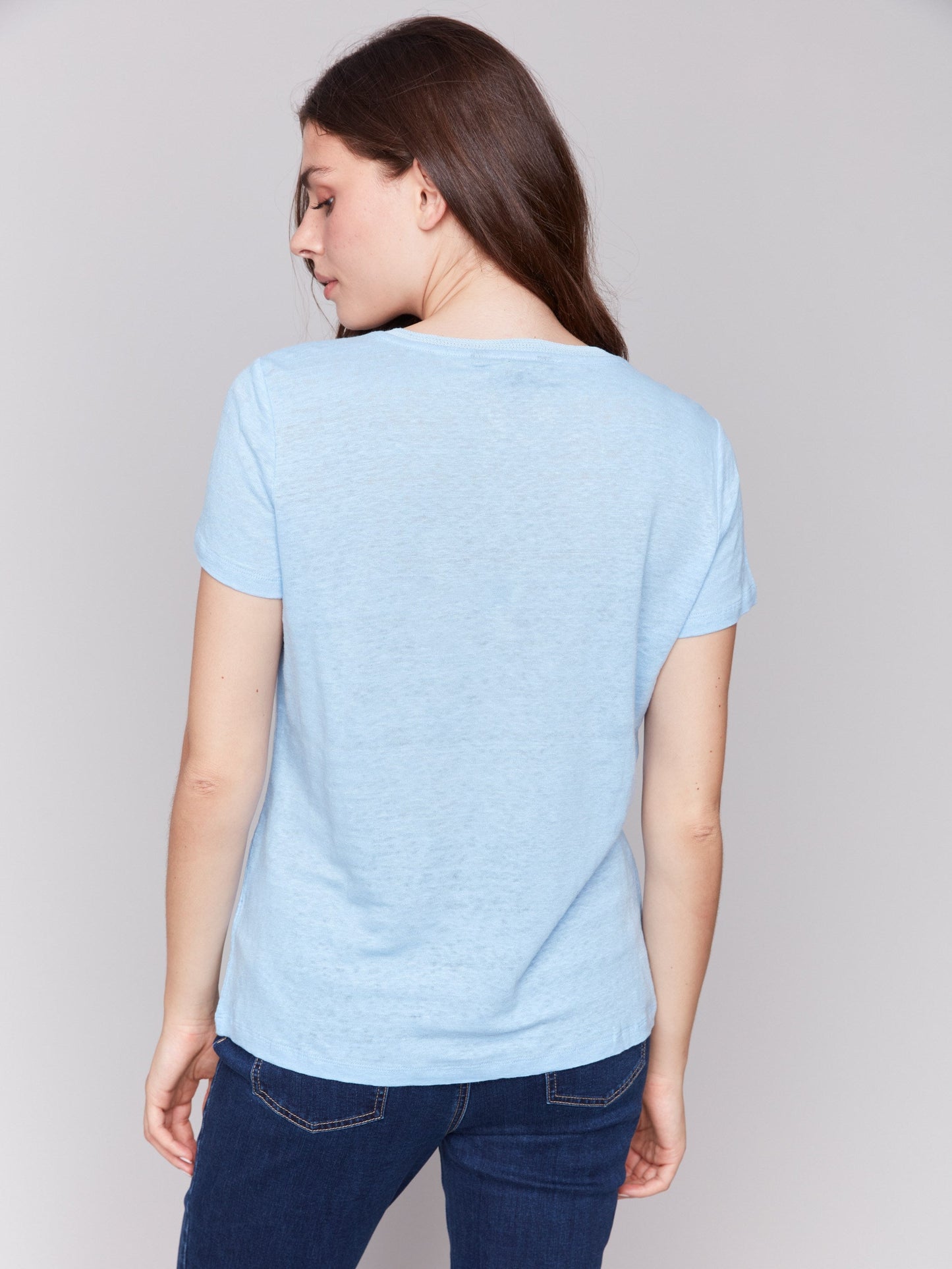 Linen Blend V-Neck T-Shirt - Bluebell