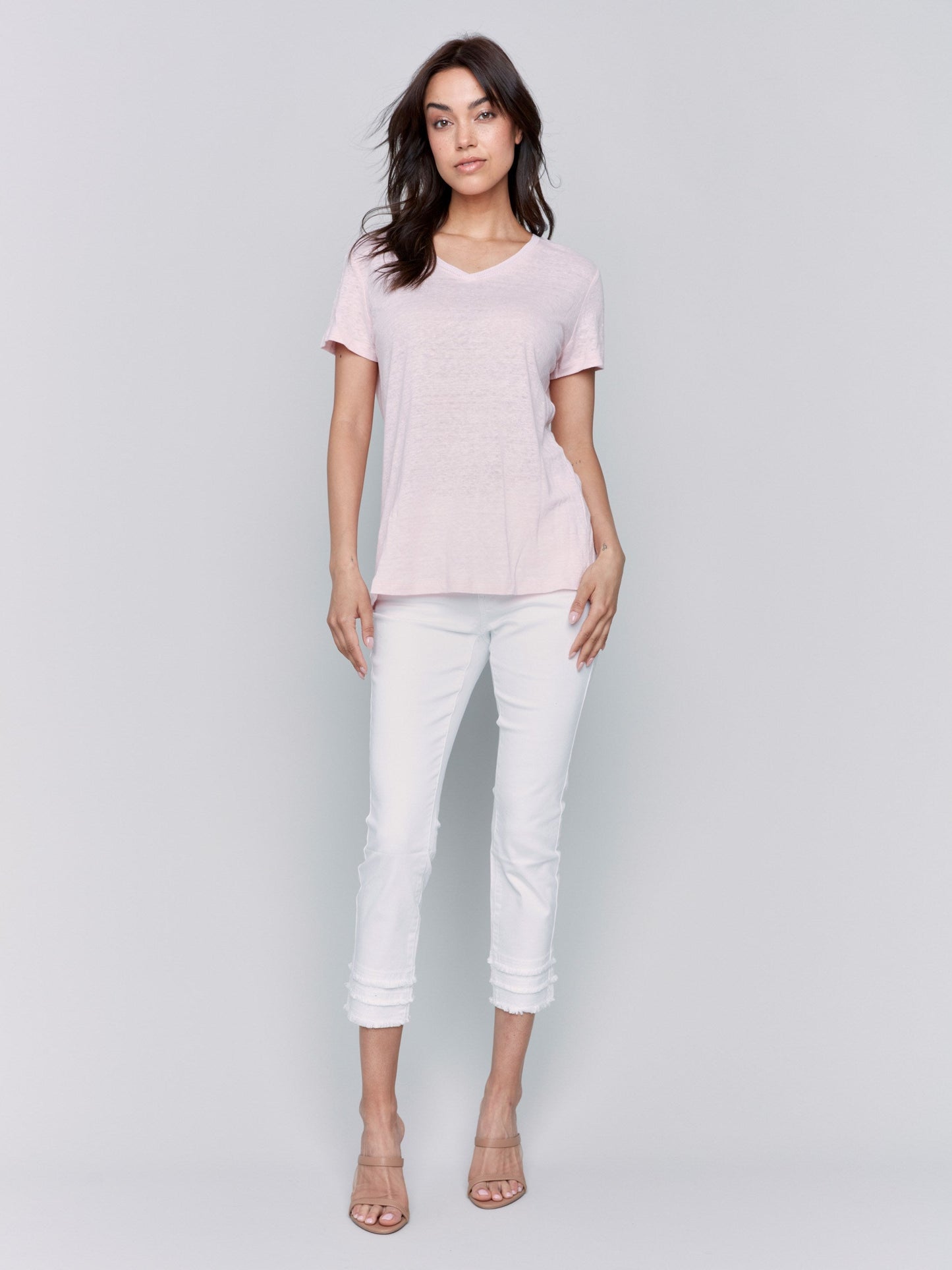 Linen Blend V-Neck T-Shirt - Petal