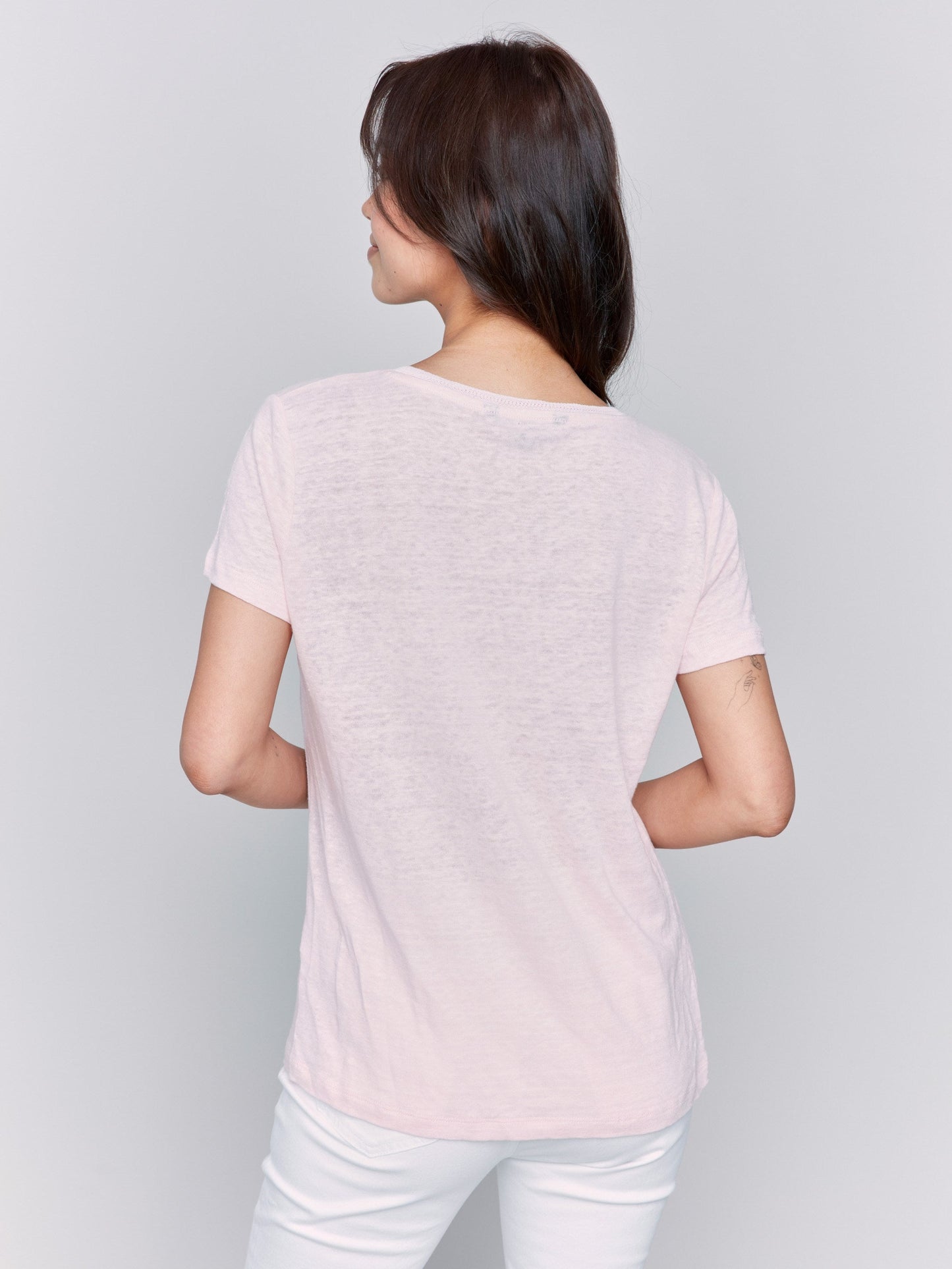 Linen Blend V-Neck T-Shirt - Petal