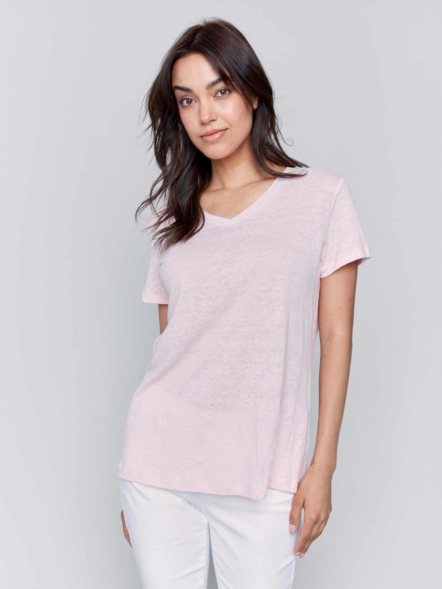 Linen Blend V-Neck T-Shirt - Petal