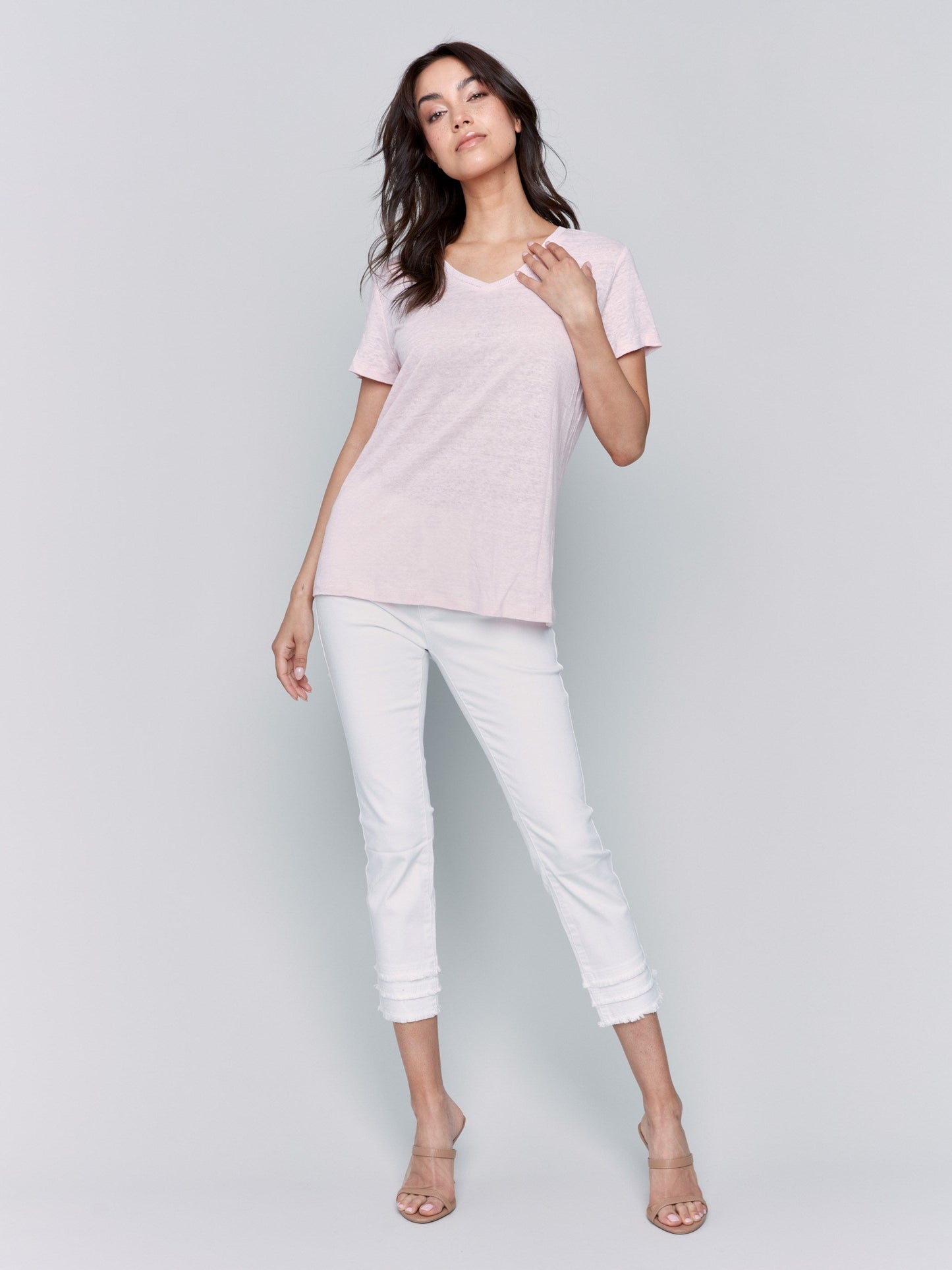 Linen Blend V-Neck T-Shirt - Petal