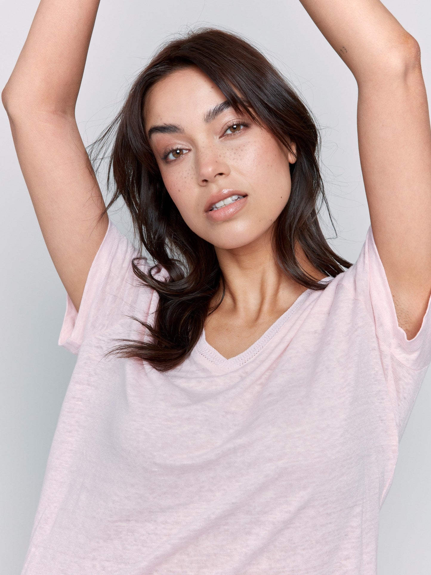 Linen Blend V-Neck T-Shirt - Petal