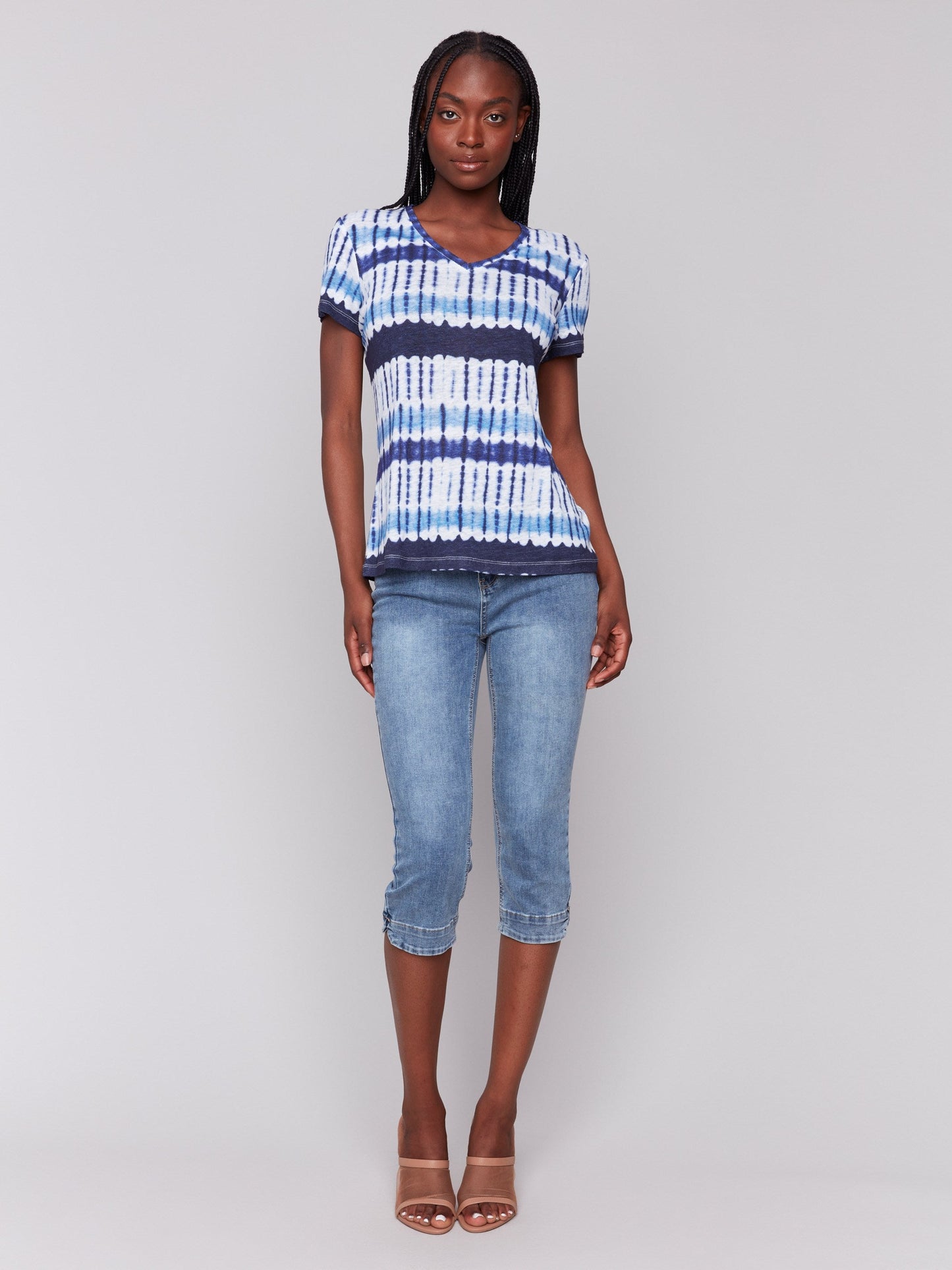 Printed Linen Blend V-Neck T-Shirt - Riviera