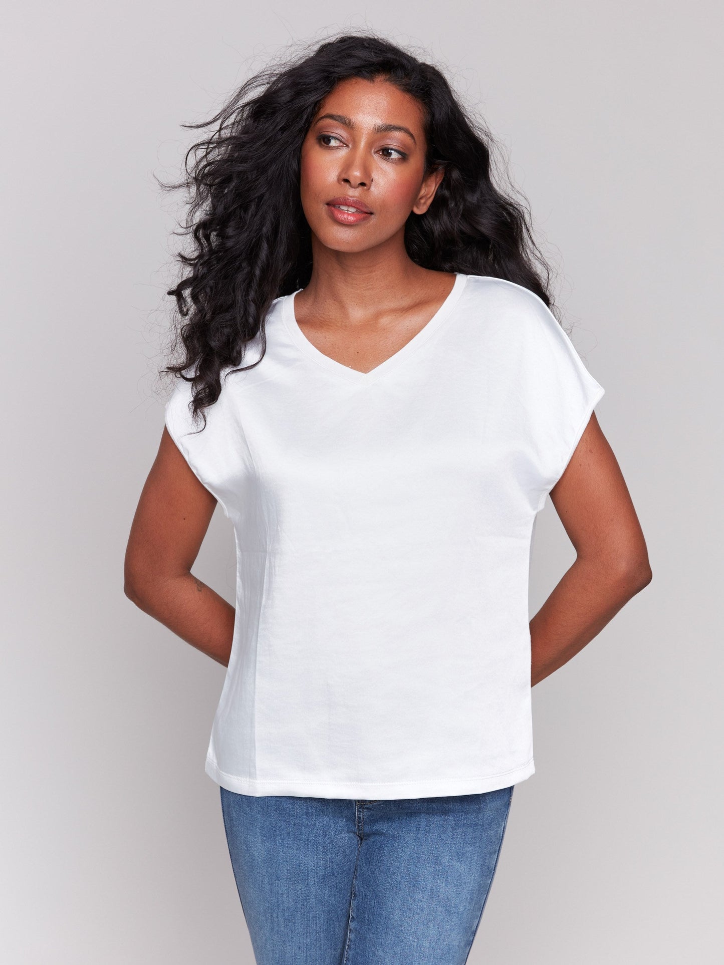 Satin V-Neck Knit Top - Natural