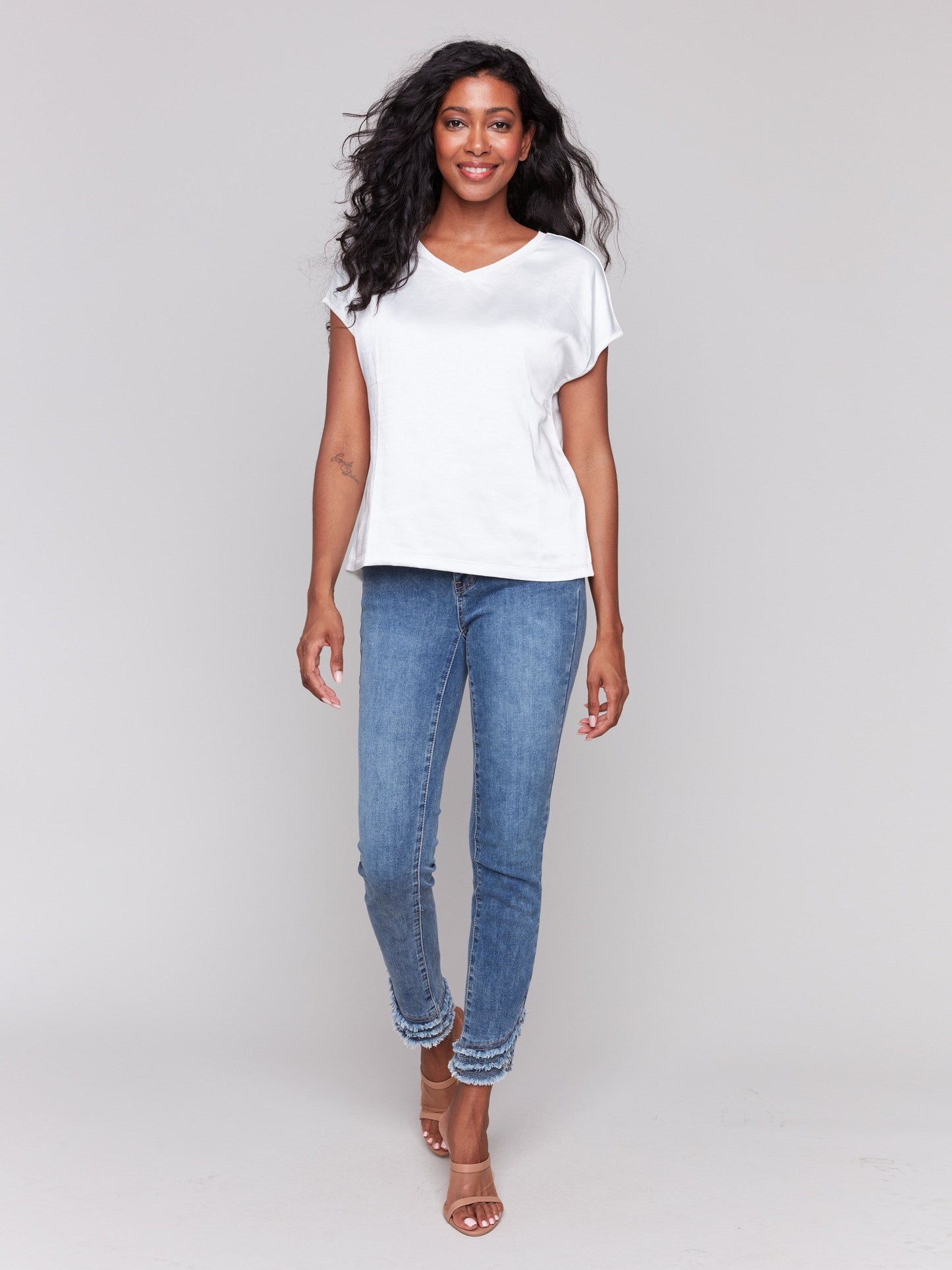 Satin V-Neck Knit Top - Natural