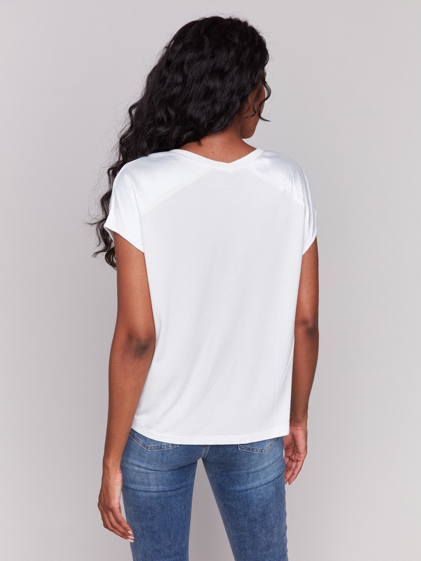 Satin V-Neck Knit Top - Natural