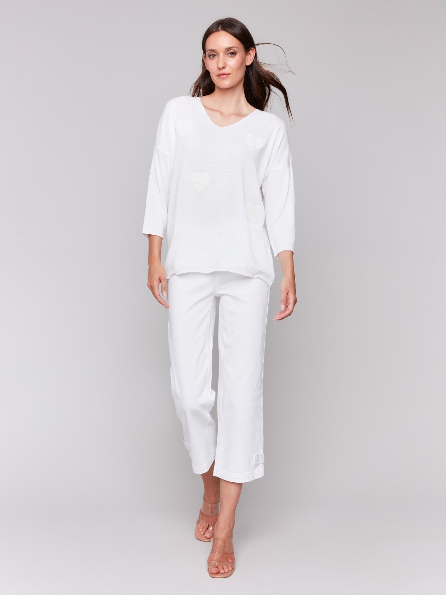 V-Neck Knit Top With Heart Appliqué - White