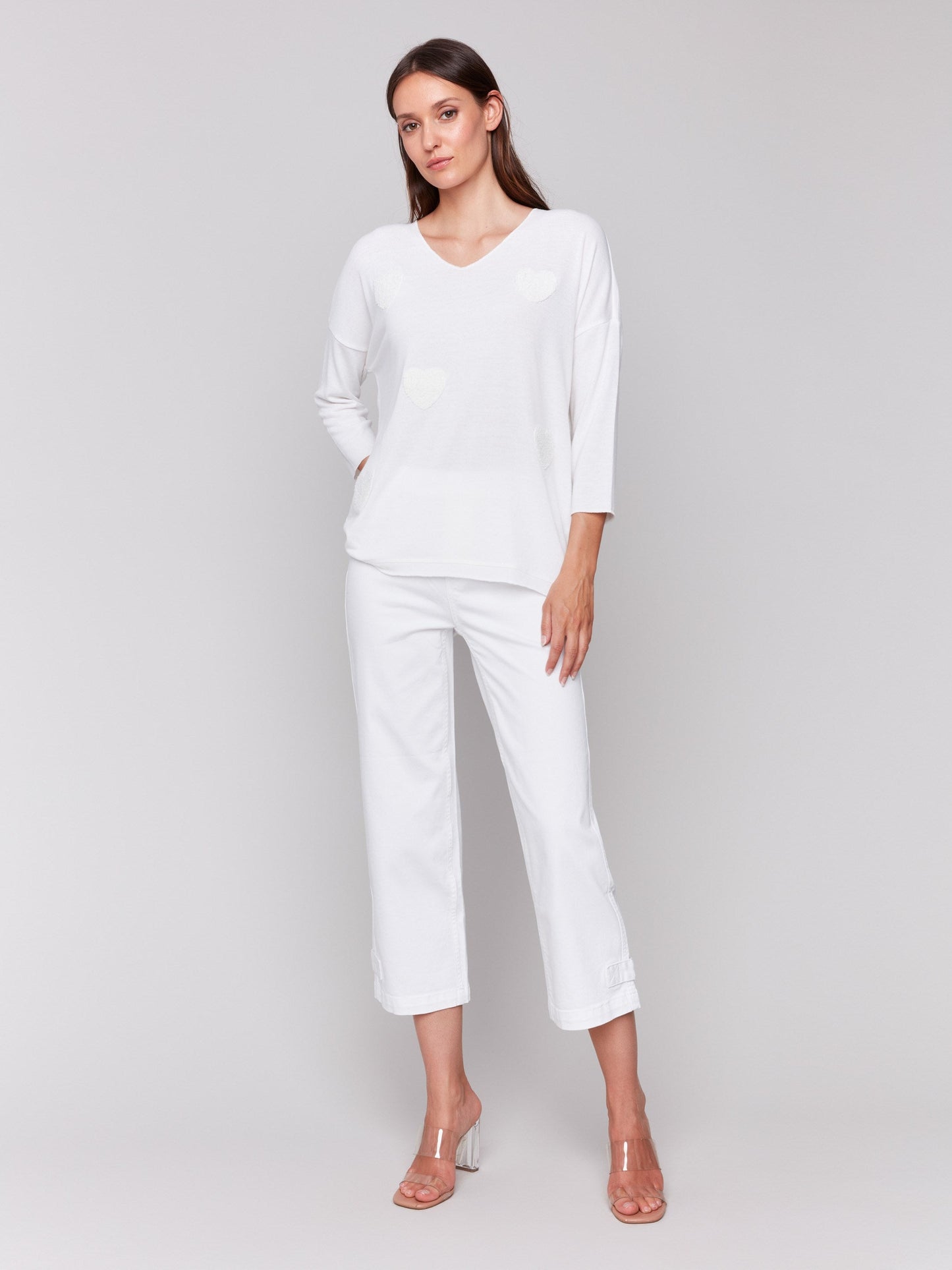 V-Neck Knit Top With Heart Appliqué - White