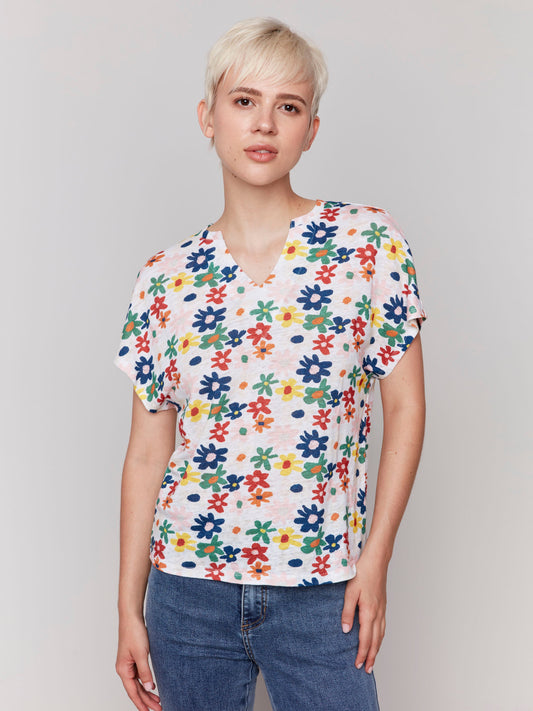 Printed Short Sleeve Dolman Top - Daisies