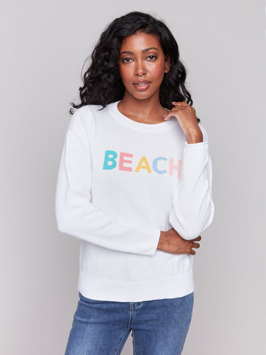 Cotton Knit Sweater with Beach Print - White