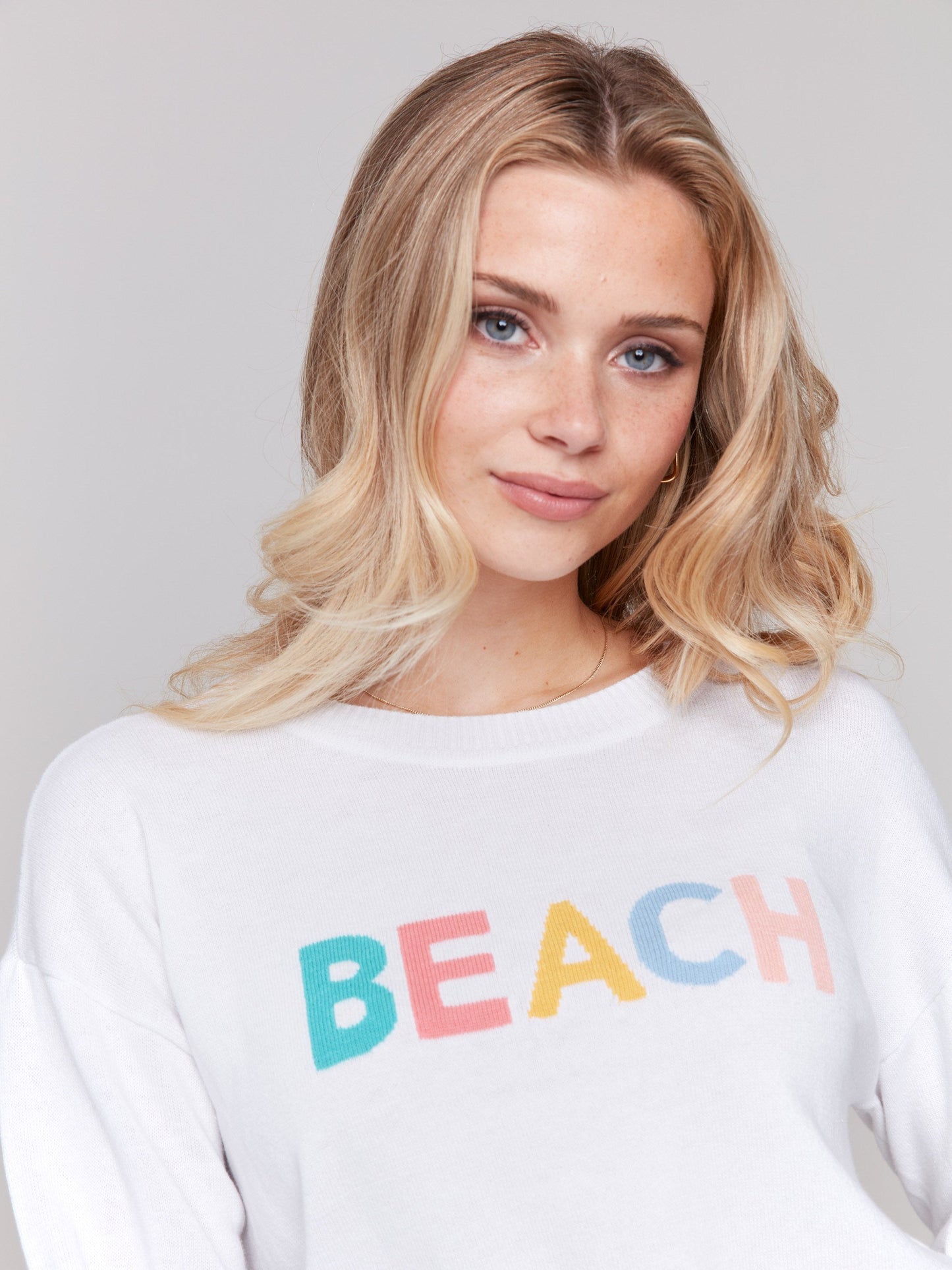 Cotton Knit Sweater with Beach Print - White