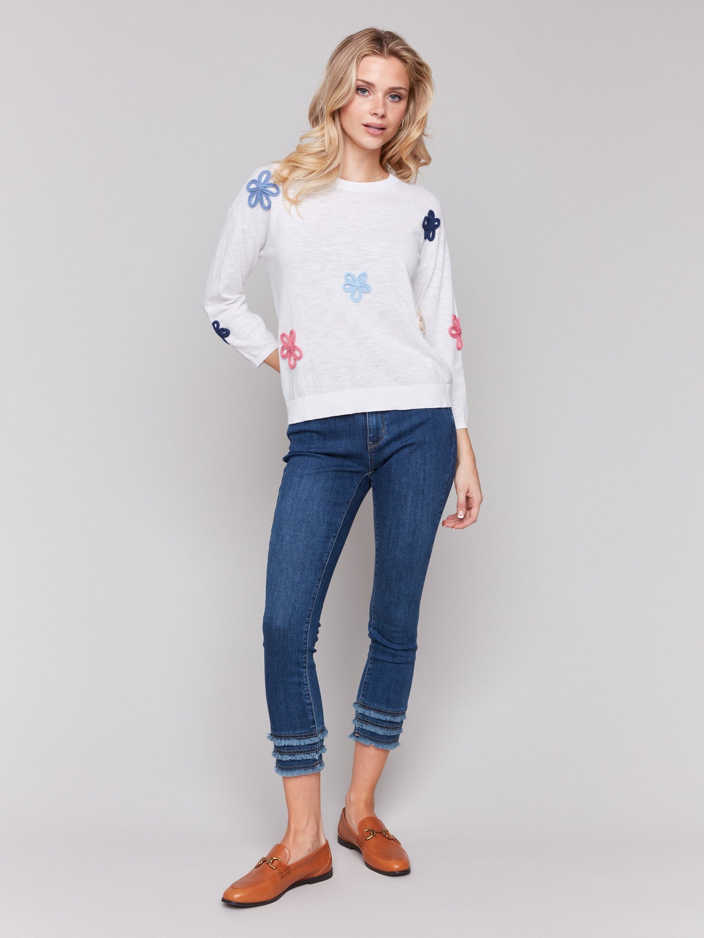 Cotton Sweater with Flower Patches - White
