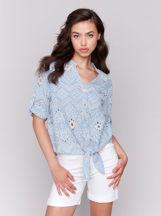 Eyelet Embroidery Cotton Blouse - Bluebell