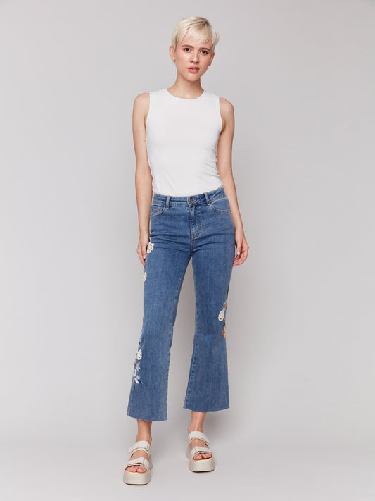Floral Embroidered Crochet Jeans - Medium Blue