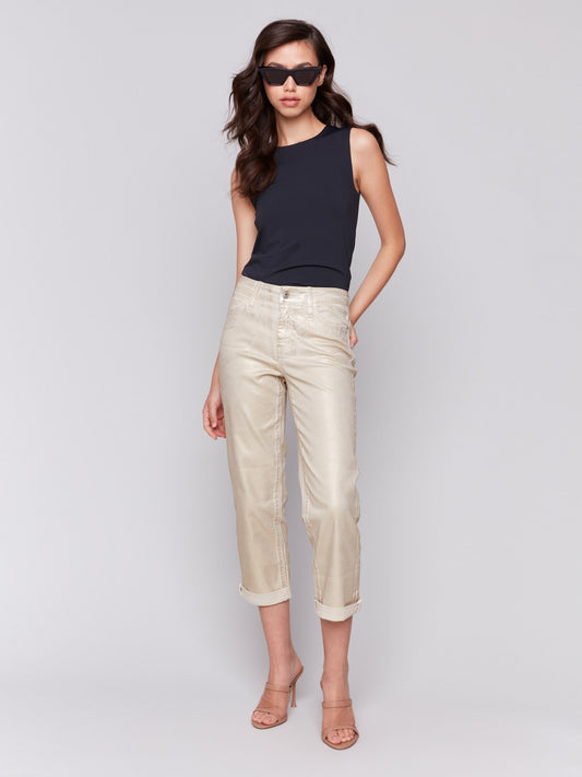 Foiled Straight Leg Pants with Cuffed Hem - Natural