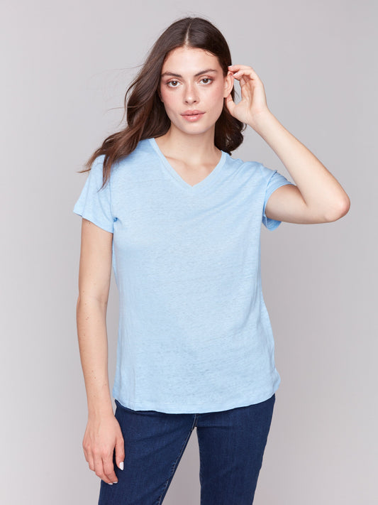 Linen Blend V-Neck T-Shirt - Bluebell