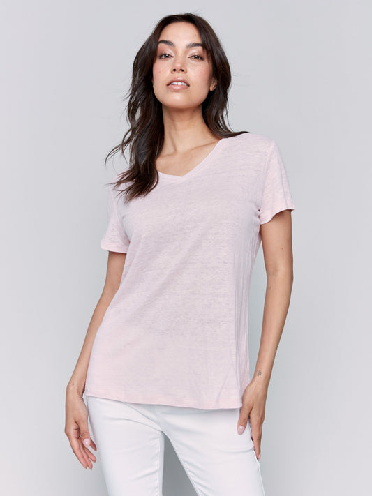 Linen Blend V-Neck T-Shirt - Petal